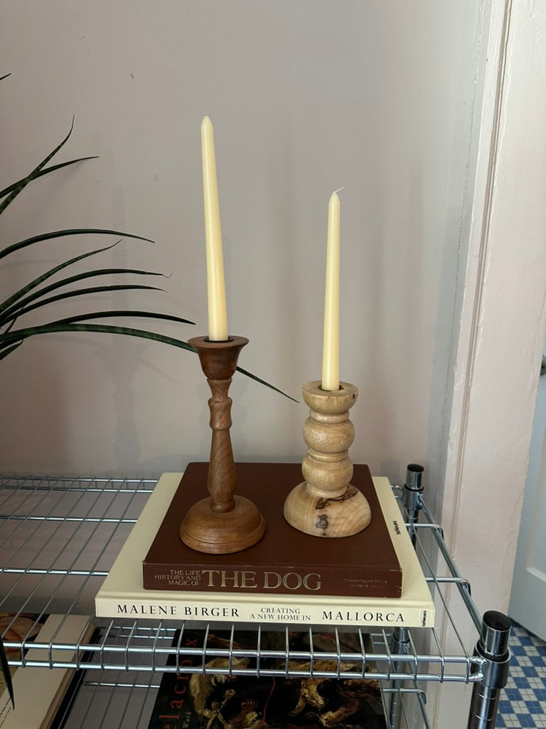 Mismatched Vintage Wooden Candlestick Holders (Pair with Taper Candles)