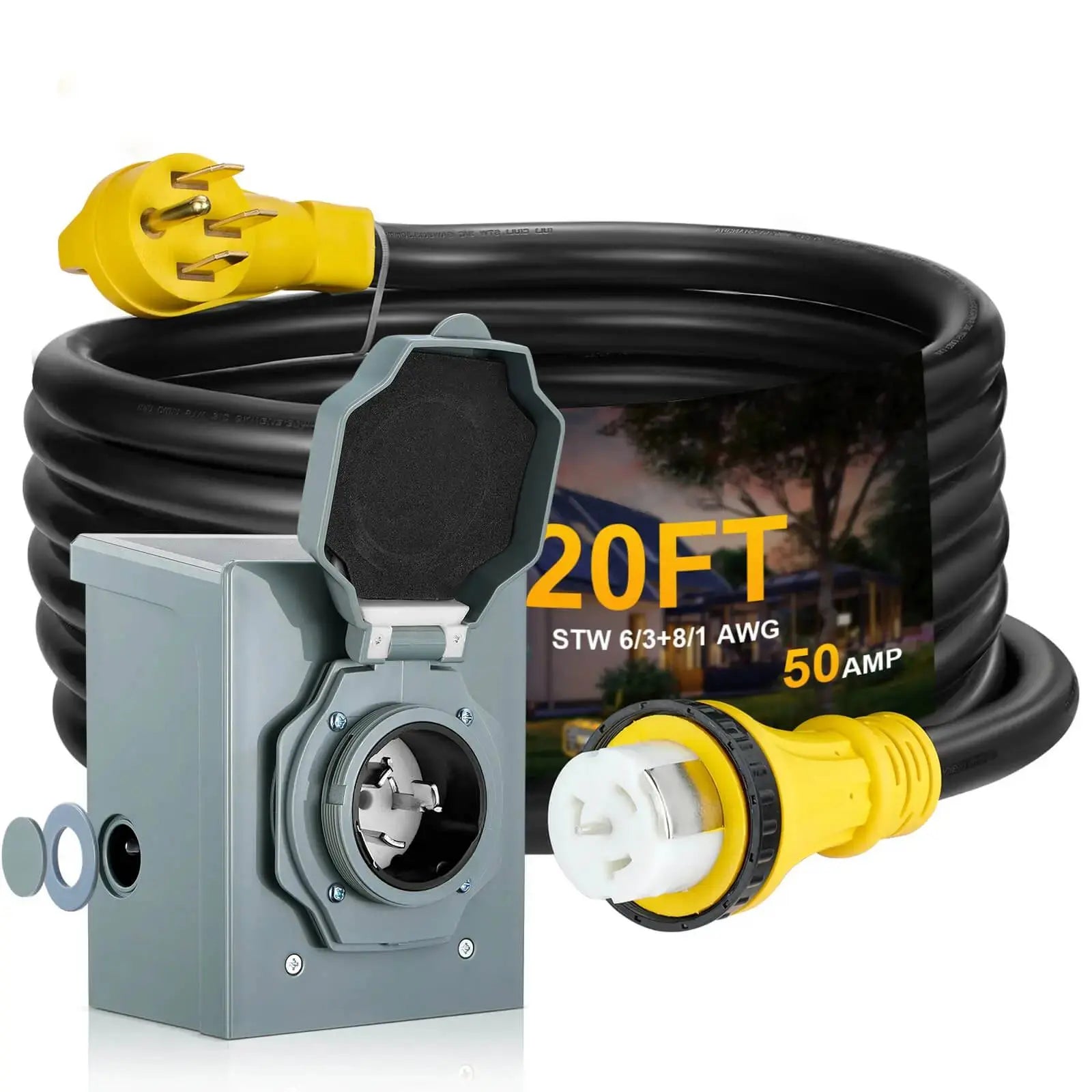 Filluck 50 Amp Generator Cord with Inlet Box, 20FT RV Extension Cord NEMA14-50P / SS2-50R, Twist Lock Connector, 125V/250V Generator Extension Cord for RV Camper/Electricity for House Generator