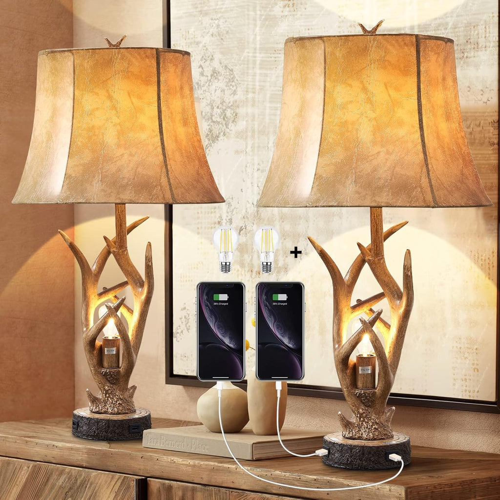 Rustic Western Deer Table Lamps with Nightlight Set of 2