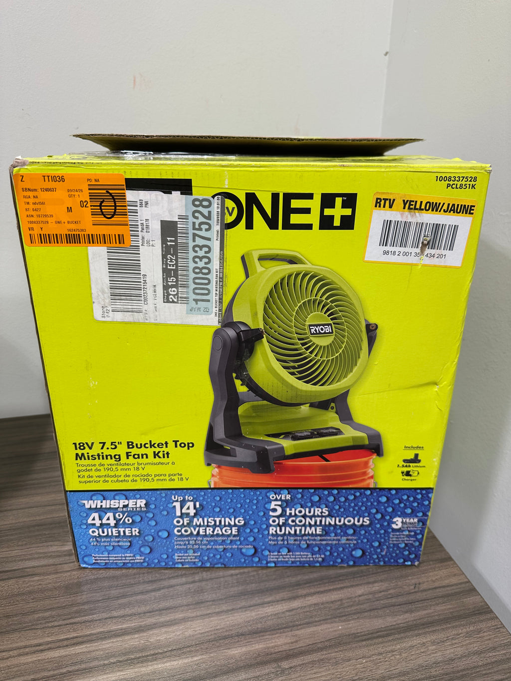 RYOBI ONE+ 18V WHISPER SERIES 7.5-inch Bucket Top Misting Fan Kit (Model PCL851K)