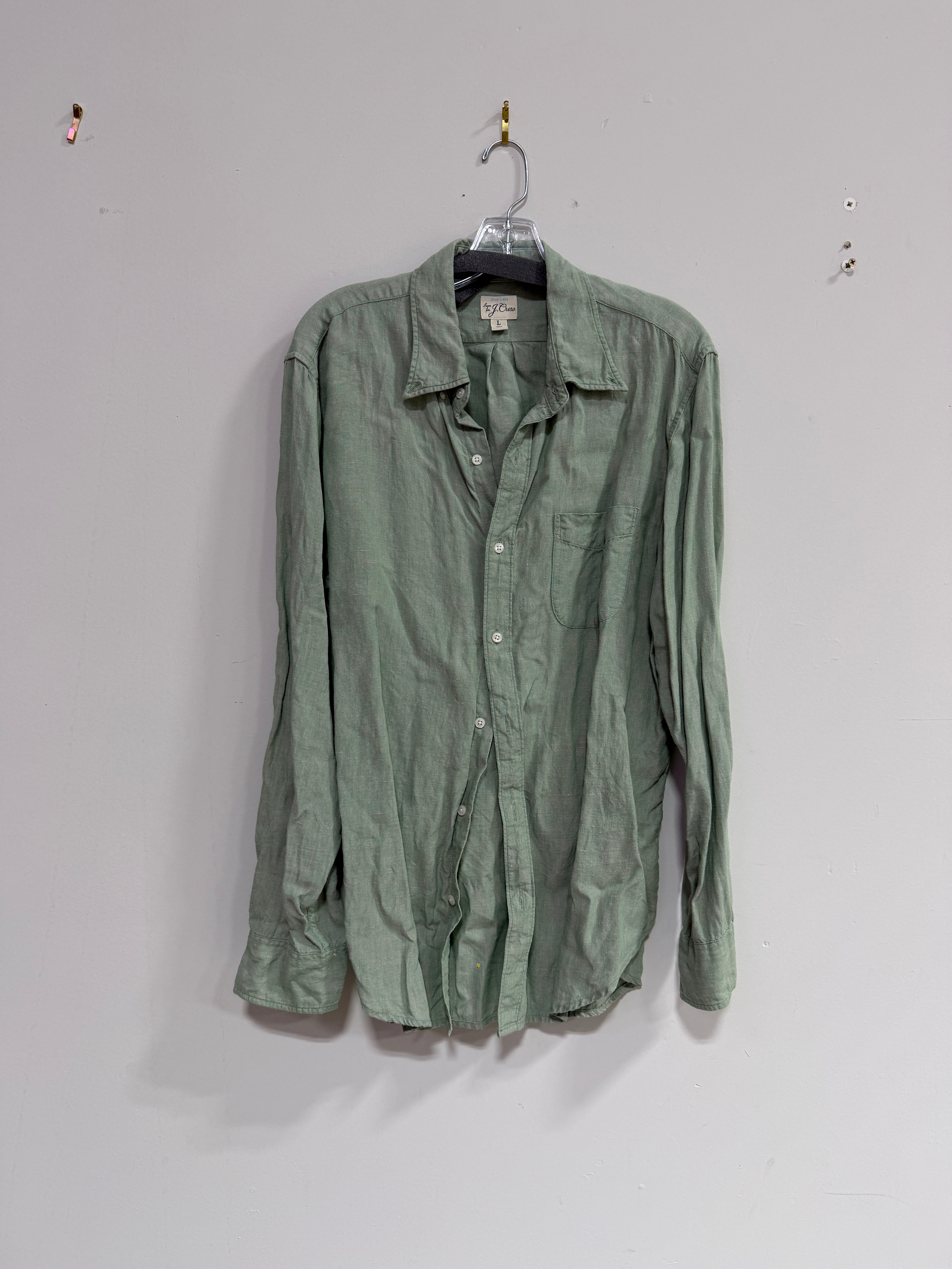 J.Crew green long-sleeve linen button-down shirt men's Sz L