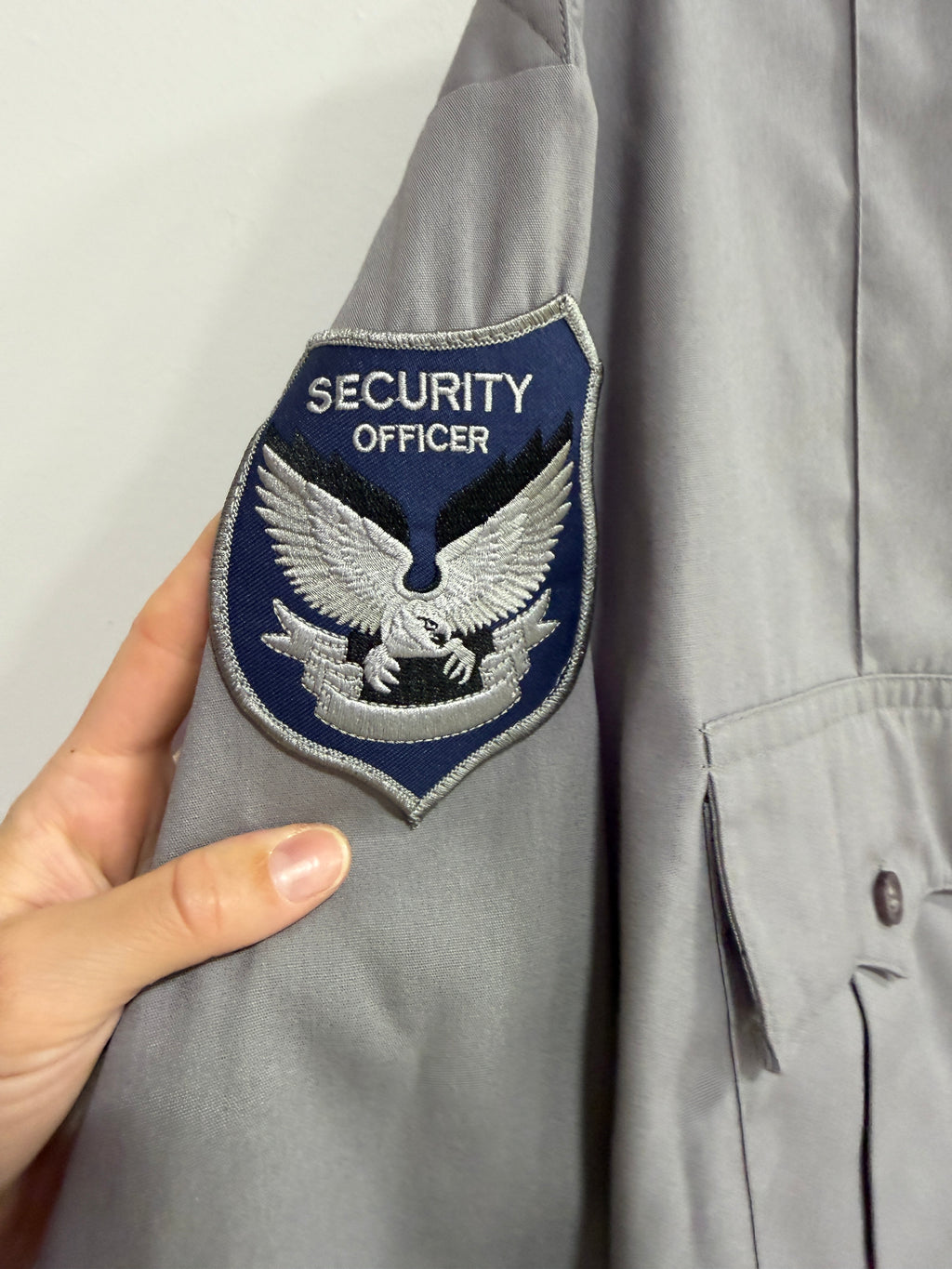 Security uniform: trousers (sz 38), button-down shirt (sz XL), & utility belt