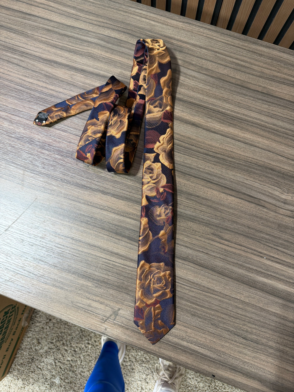 Blue and gold floral-patterned microfiber necktie