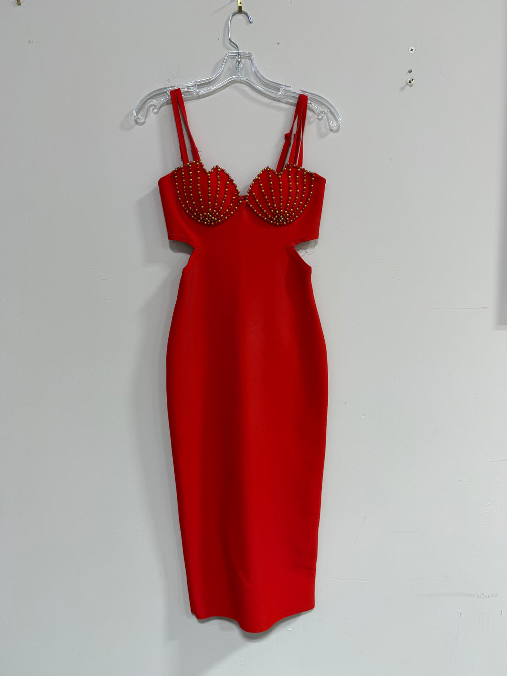 Athina red ribbed bandage midi dress sz S