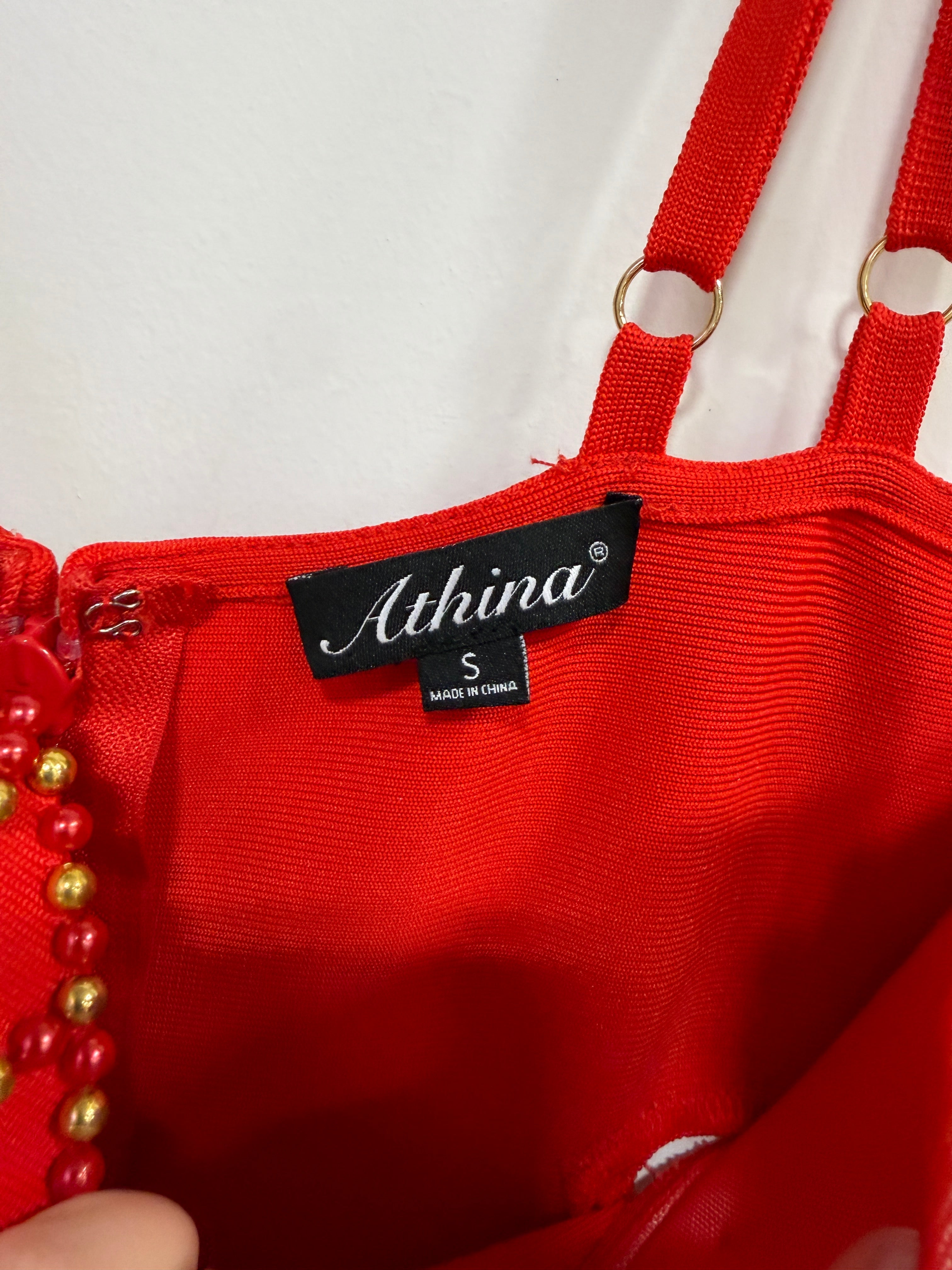 Athina red ribbed bandage midi dress sz S