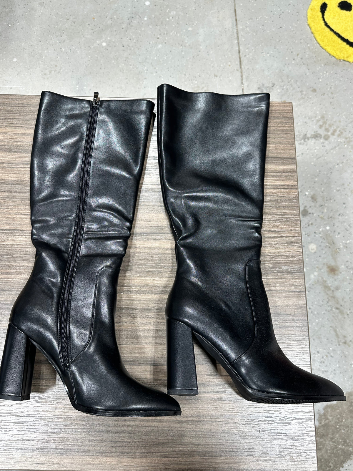 Black Faux Leather Knee High Boots Chunky Block Heel Pointed Toe Ankle Zip Size 10