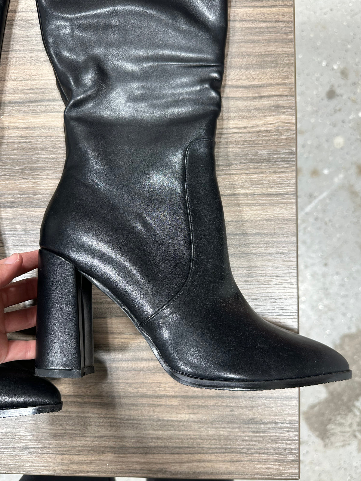 Black Faux Leather Knee High Boots Chunky Block Heel Pointed Toe Ankle Zip Size 10
