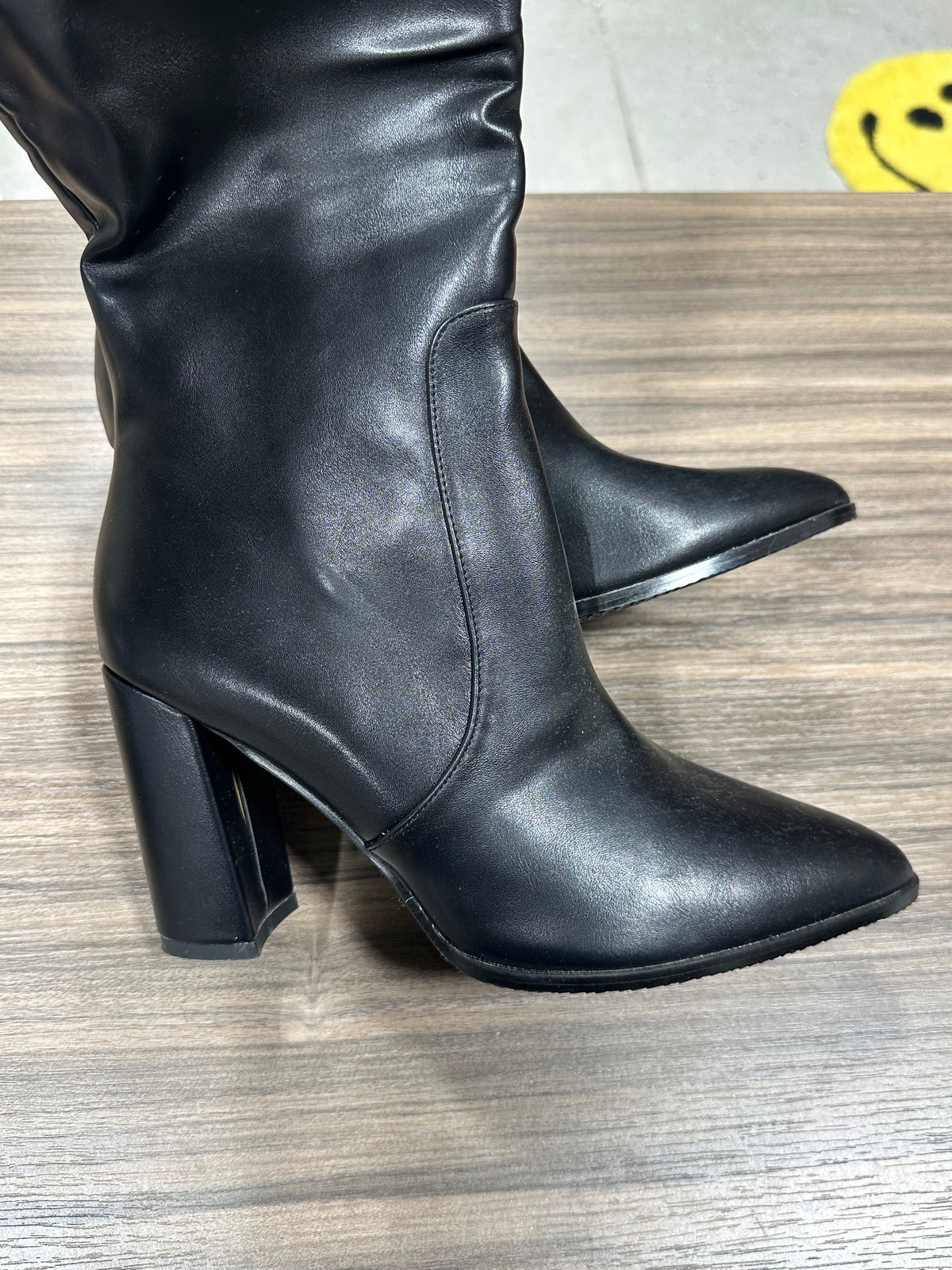 Black Faux Leather Knee High Boots Chunky Block Heel Pointed Toe Ankle Zip Size 10