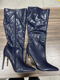 Navy Blue Faux Leather Knee High Slouch Boots Pointed Toe Stiletto Heel Size 42 US 10-10.5