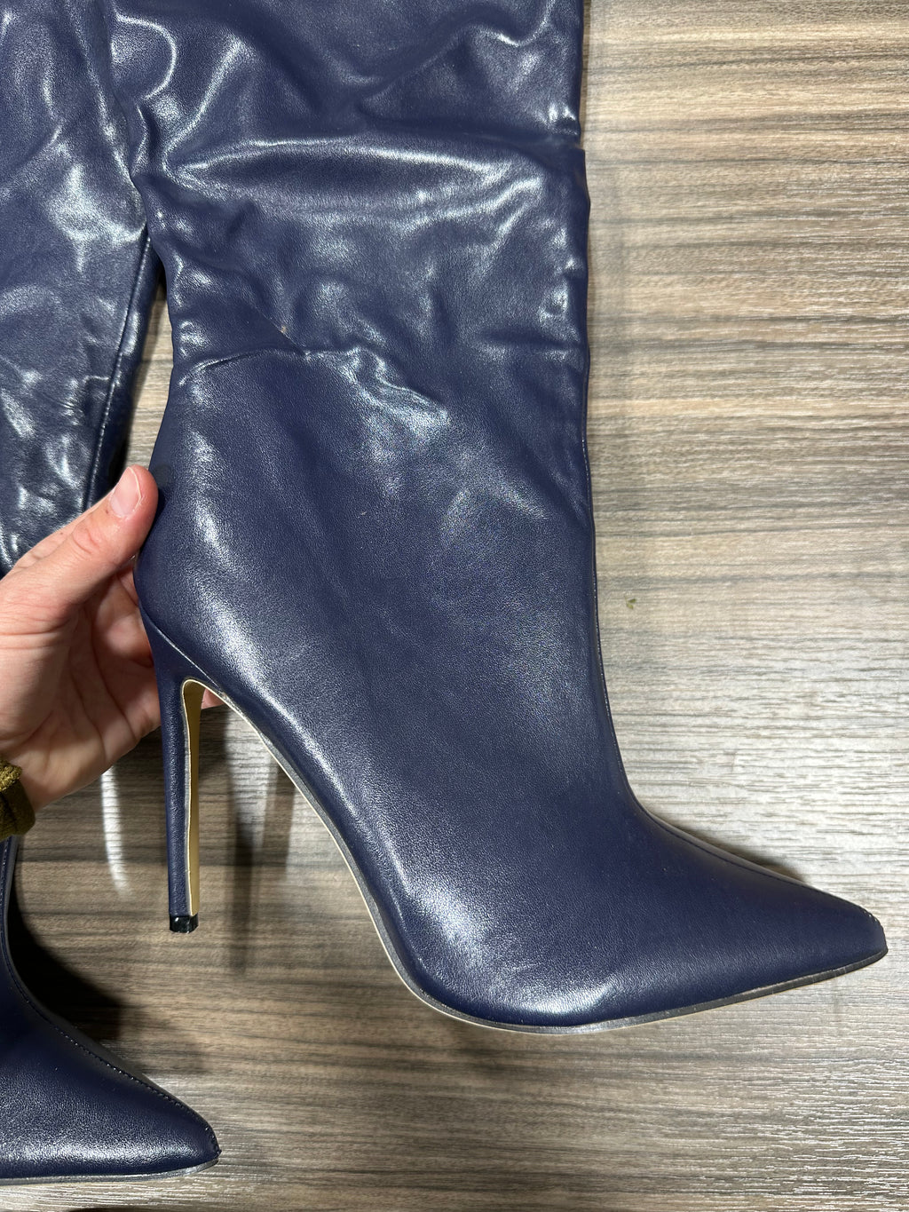 Navy Blue Faux Leather Knee High Slouch Boots Pointed Toe Stiletto Heel Size 42 US 10-10.5