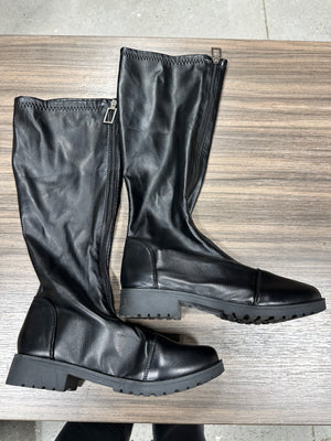Black Faux Leather Knee High Combat Rider Boots Lug Sole Zip Front Size 43 US Women 11