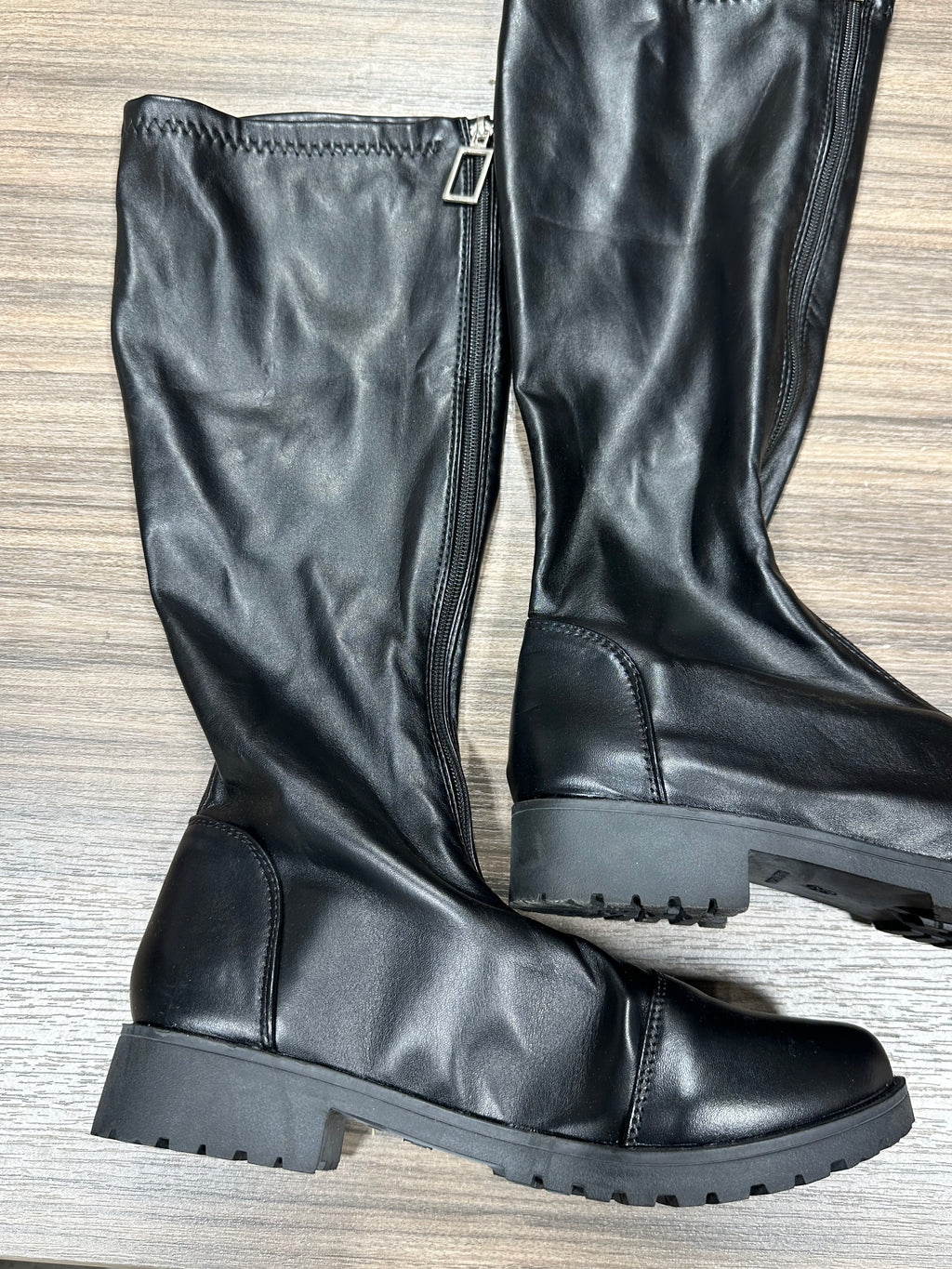 Black Faux Leather Knee High Combat Rider Boots Lug Sole Zip Front Size 43 US Women 11