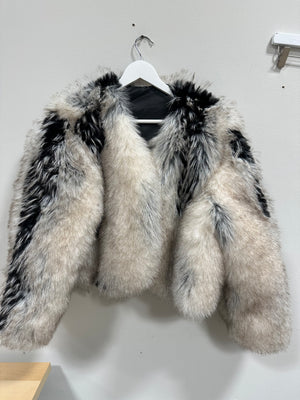 SHEIN Shaggy Faux Fur Cropped Coat Jacket Womens Medium Black White Striped