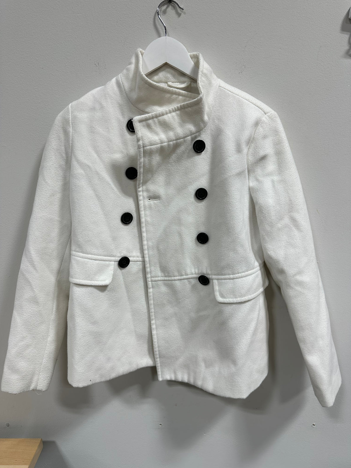 Old Navy White Double Breasted Pea Coat Jacket Womens Size Small Fleece Wool Blend
