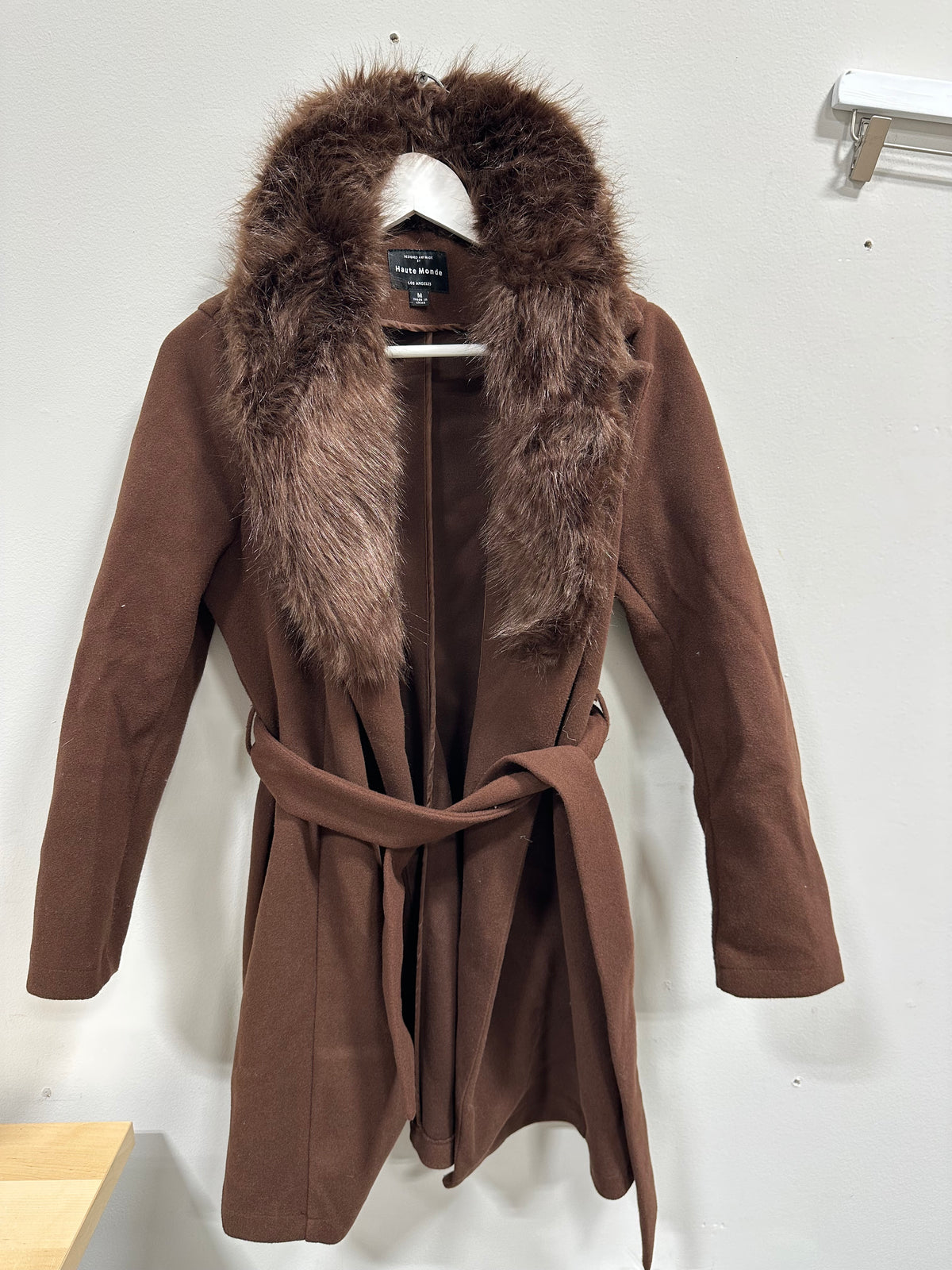 Haute Monde Brown Faux Fur Collar Wrap Coat Womens Size Medium Belted Trench