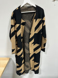 Geometric Houndstooth Jacquard Duster Cardigan Womens Small Black Tan Long