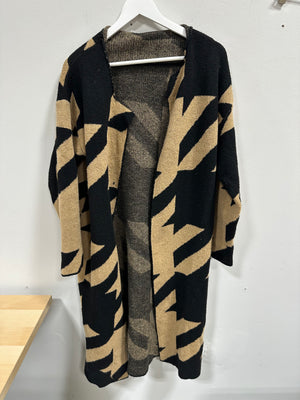 Geometric Houndstooth Jacquard Duster Cardigan Womens Small Black Tan Long