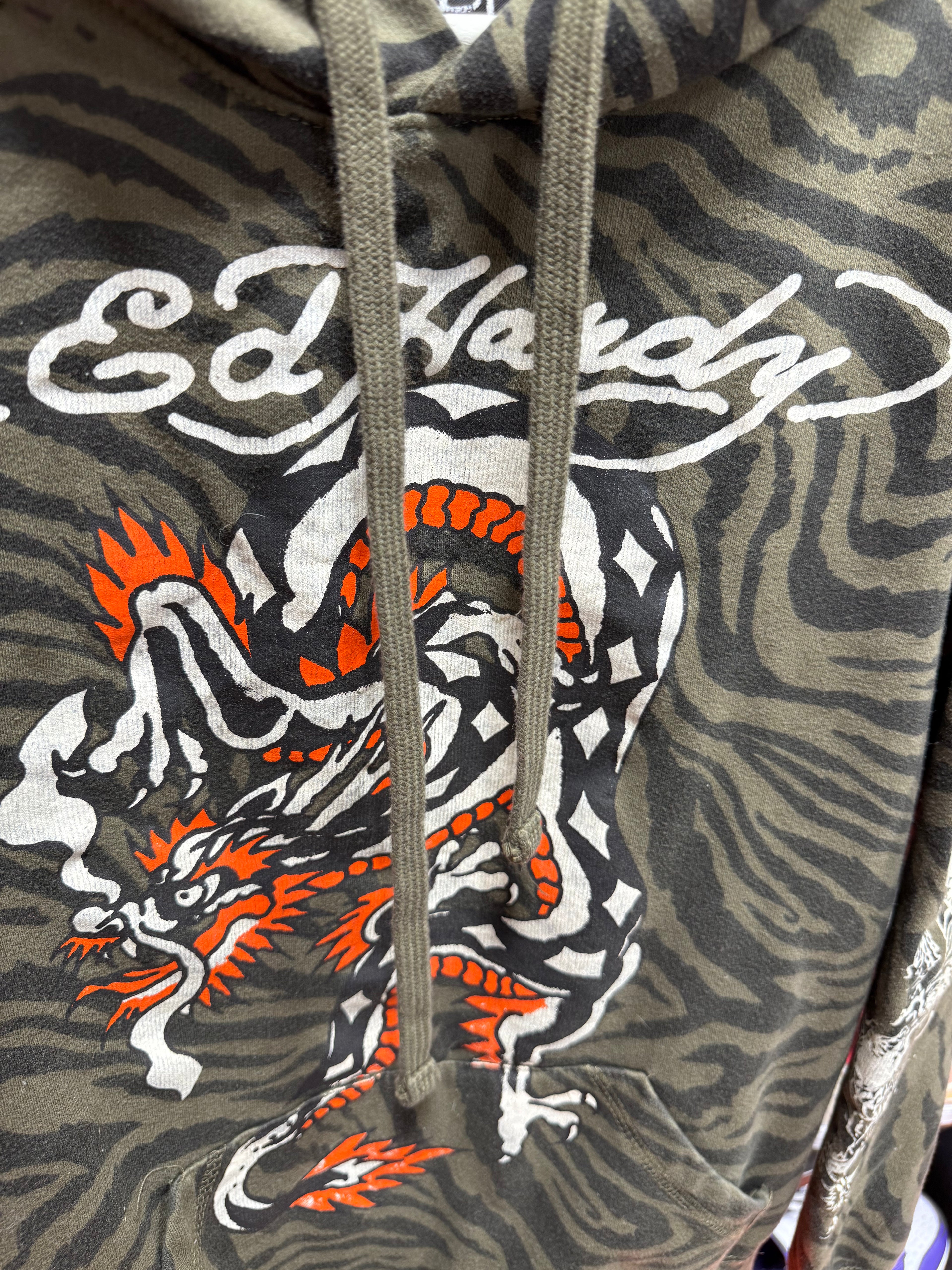 Ed Hardy Dragon Zebra Print Hoodie Sz L