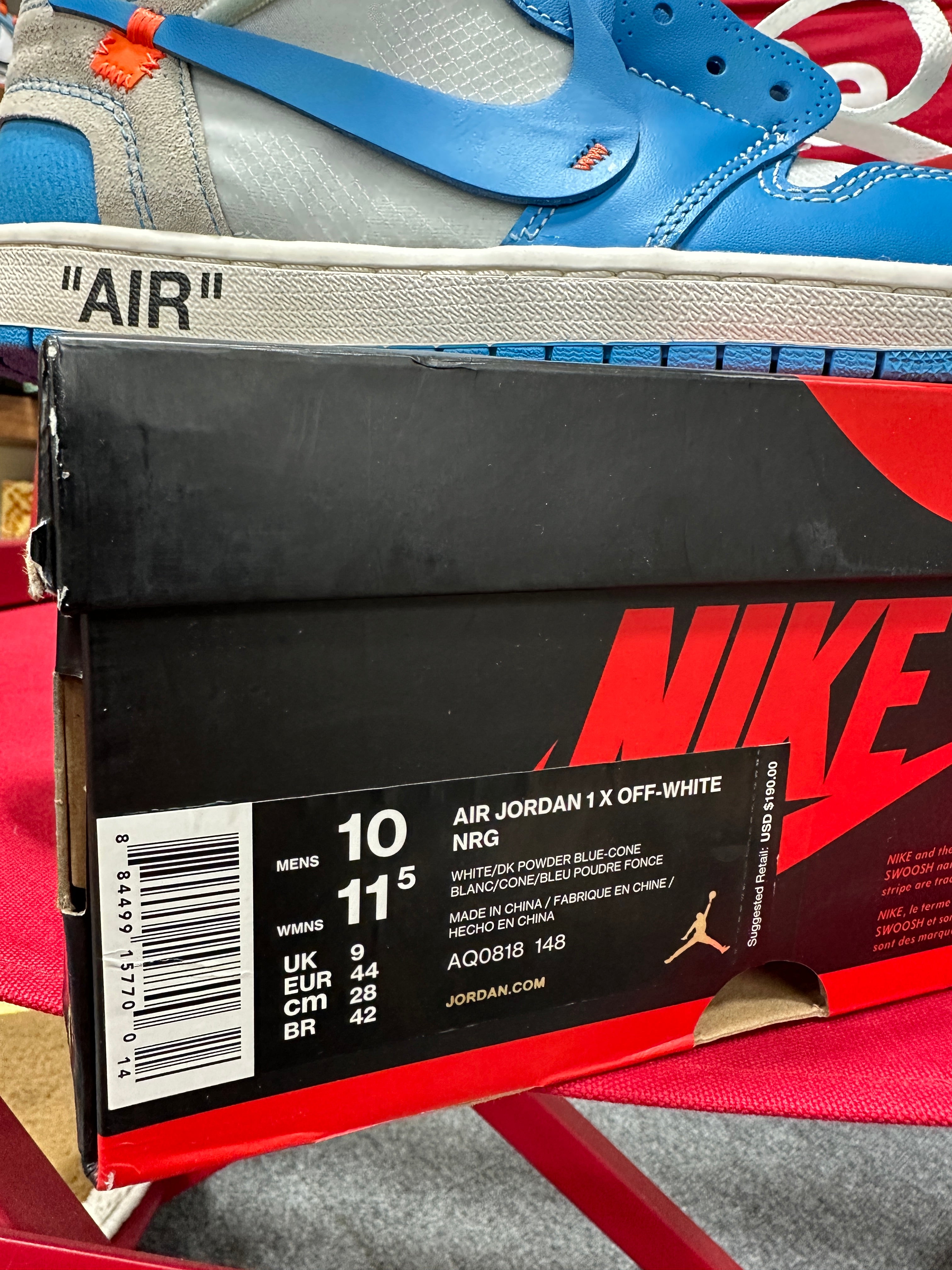 Jordan 1 Retro High Off-White University Blue Sz 10