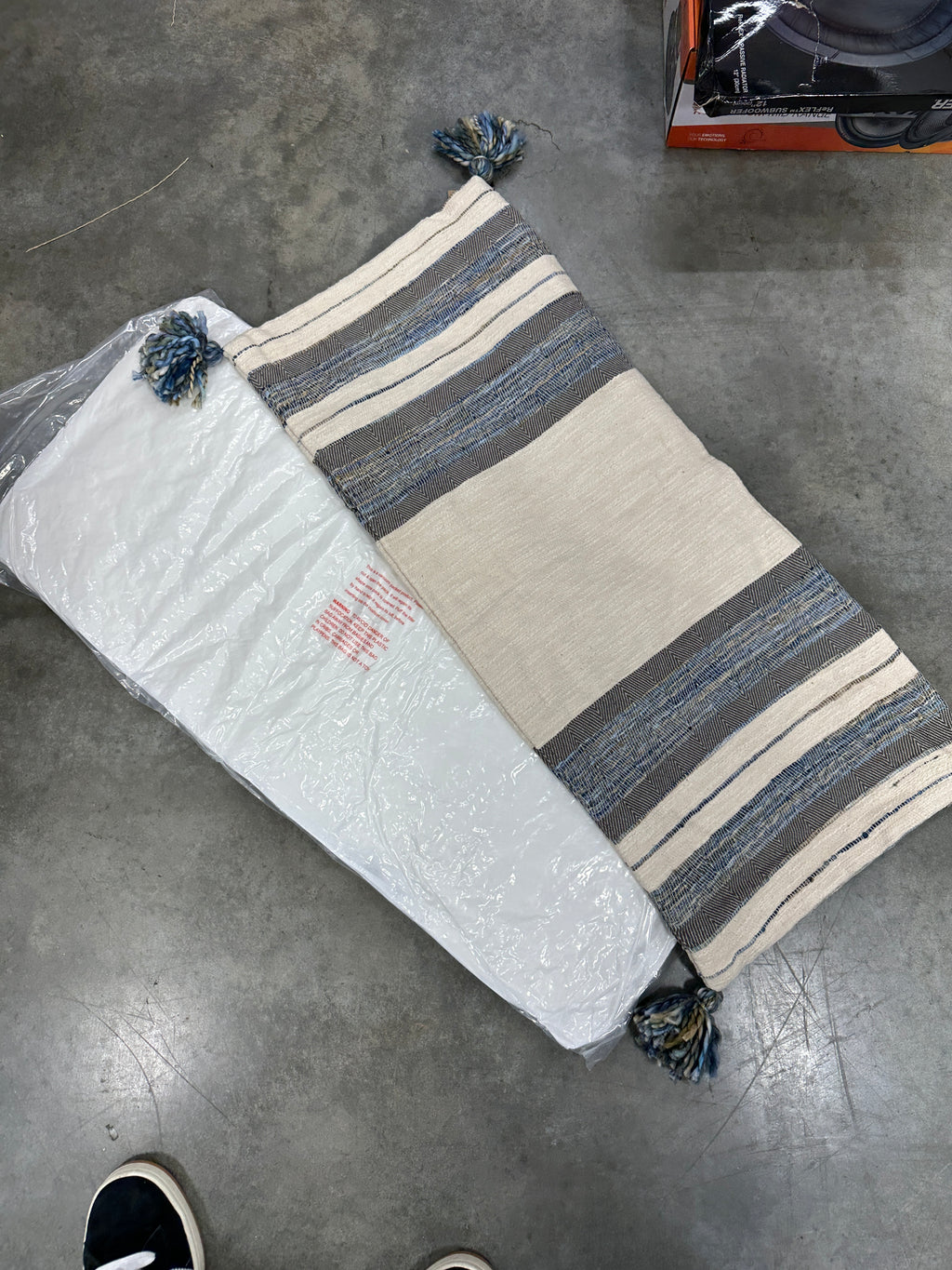 Blue, Gray and Cream Striped Cotton Blend Lumbar Pillow With Tassels