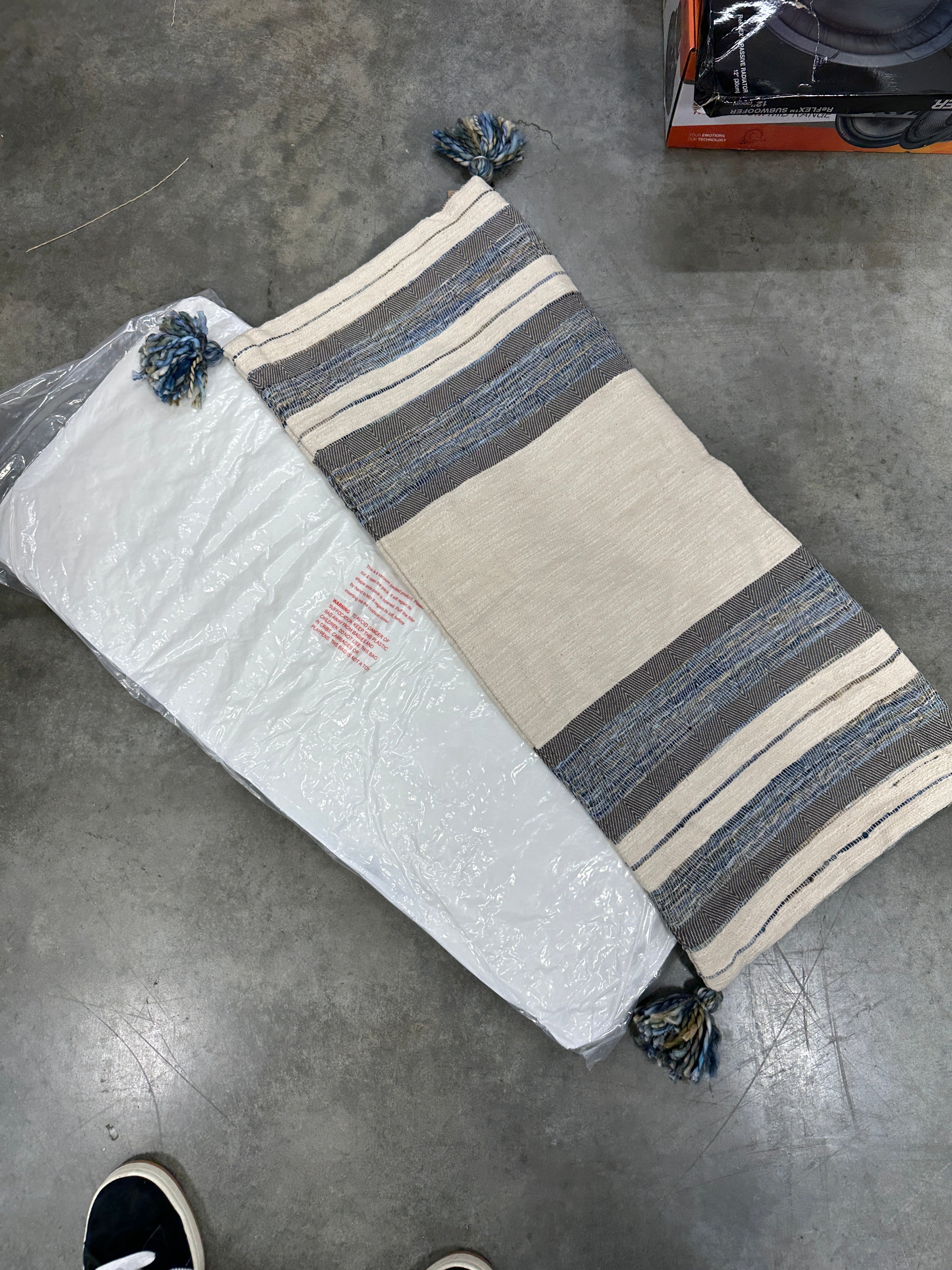 Blue, Gray and Cream Striped Cotton Blend Lumbar Pillow With Tassels