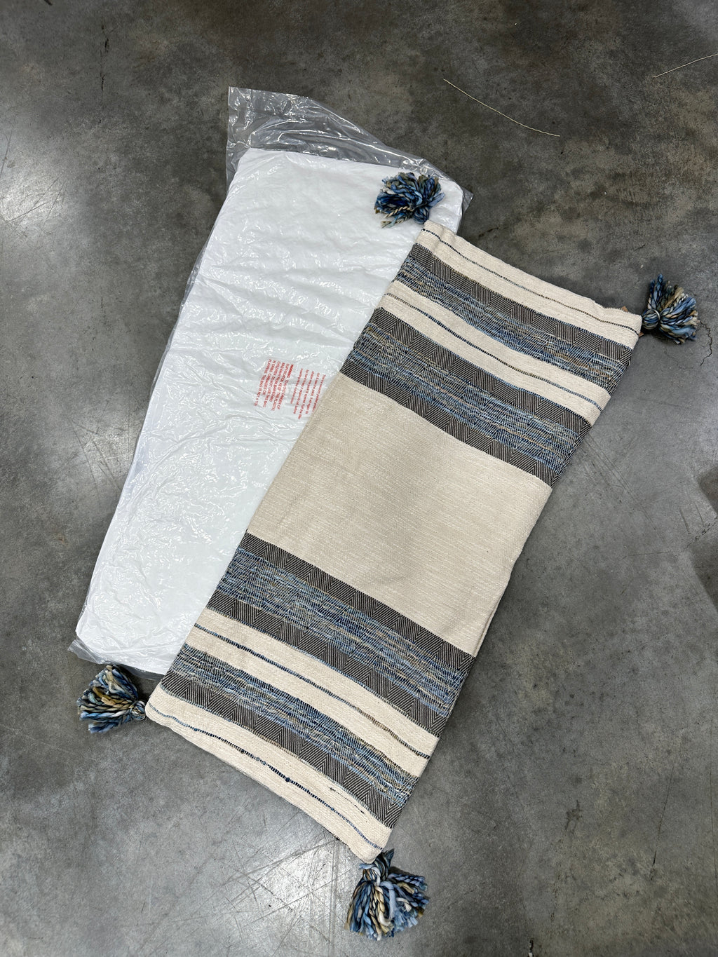 Blue, Gray and Cream Striped Cotton Blend Lumbar Pillow With Tassels