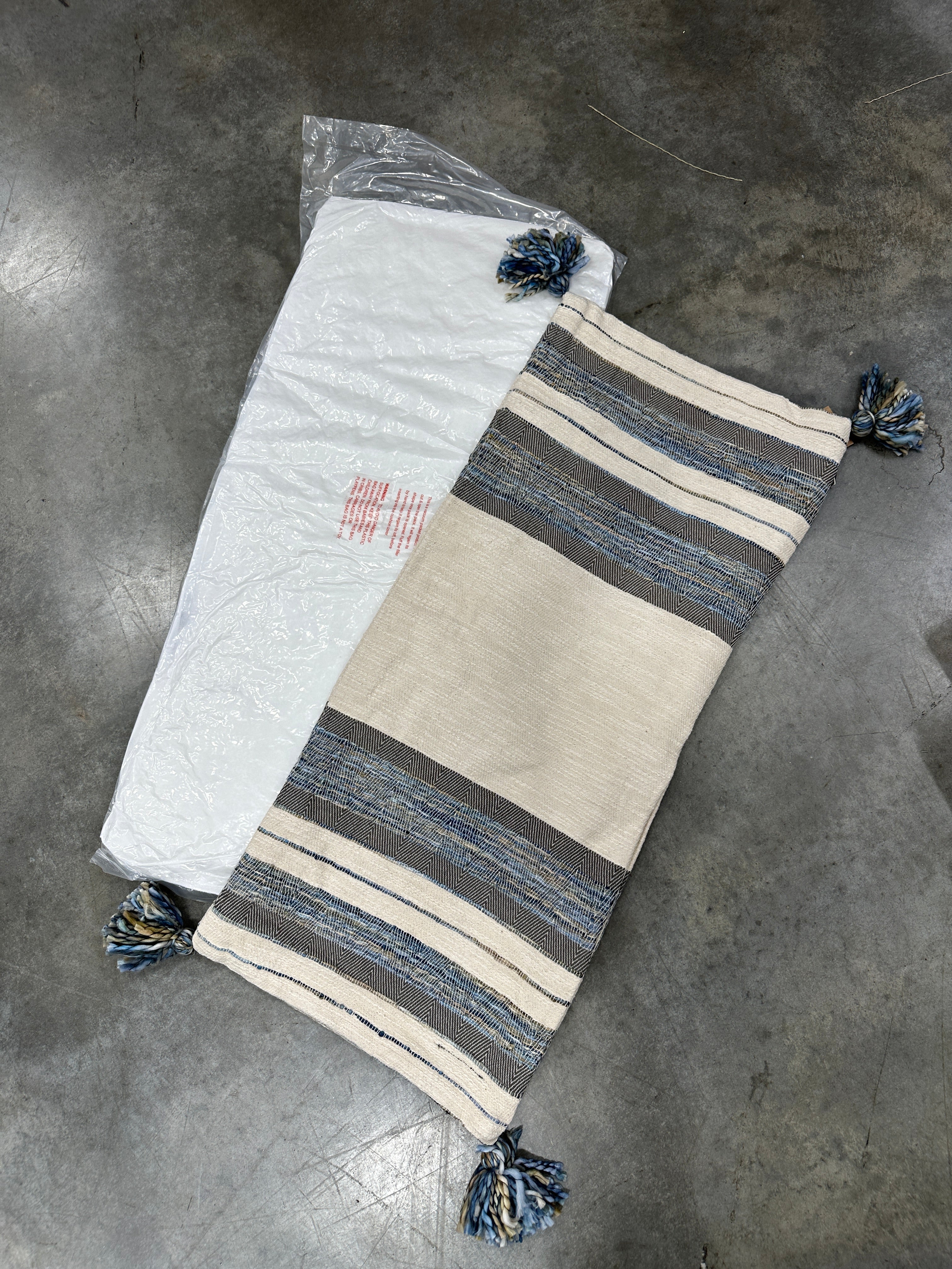Blue, Gray and Cream Striped Cotton Blend Lumbar Pillow With Tassels