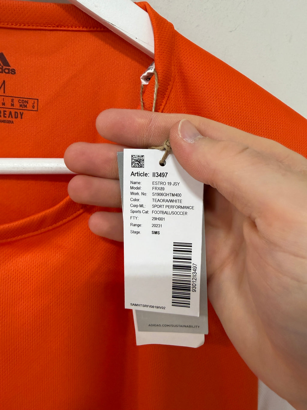 adidas Men's Estro 19 Soccer Jersey Team Orange/White