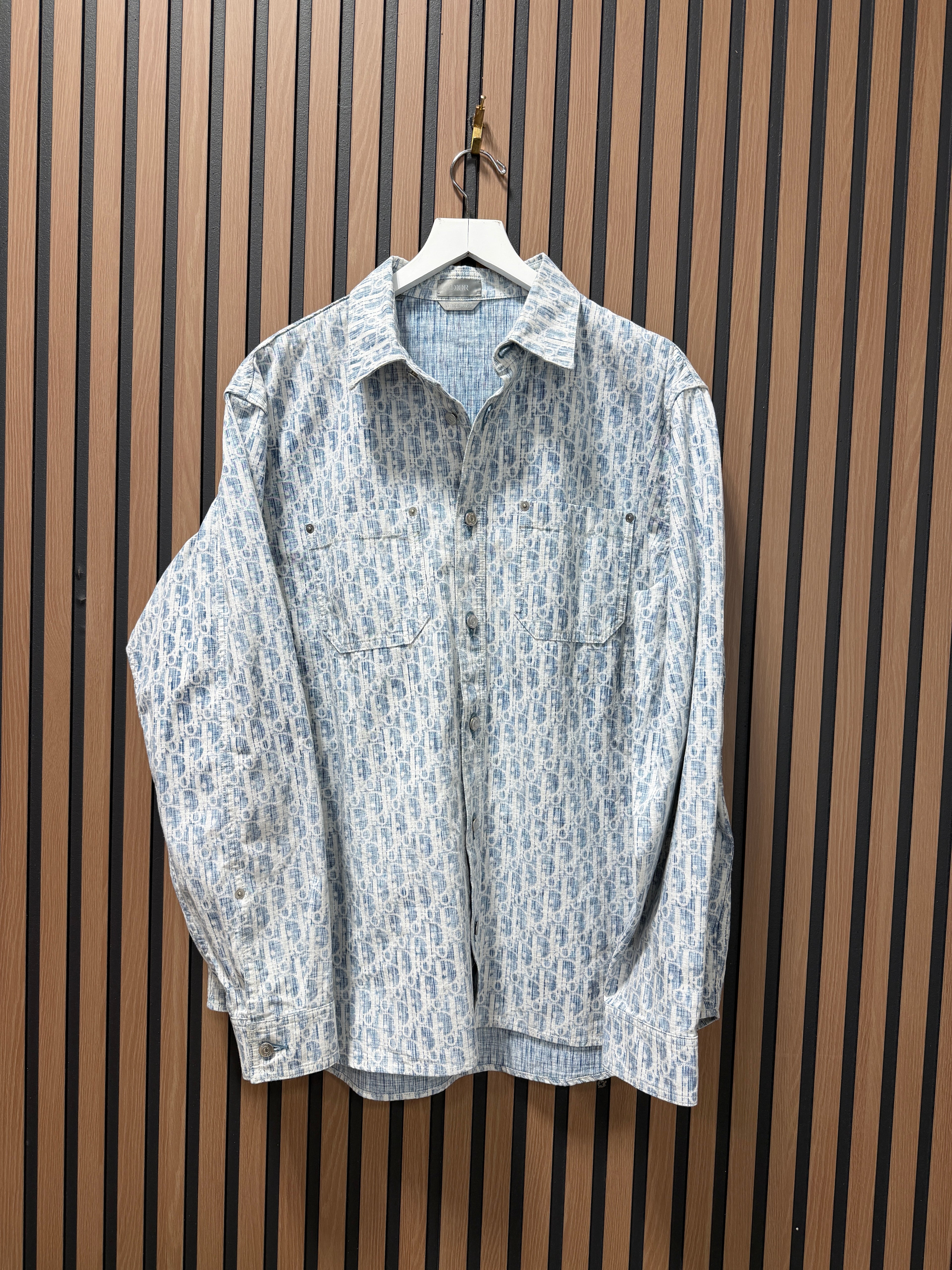 Overshirt Blue and White Dior Oblique Kasuri Cotton Denim Sz 42 (Large)