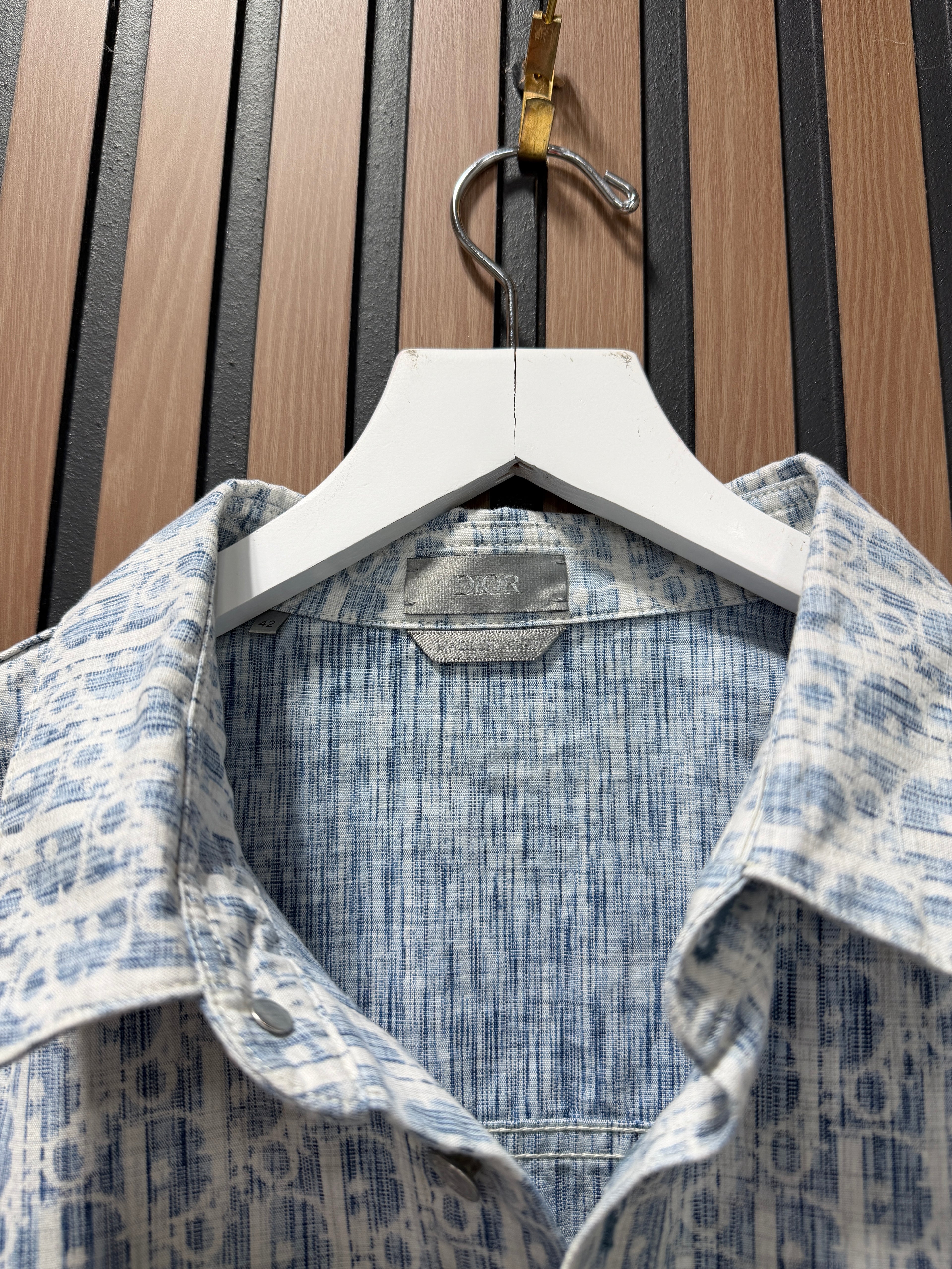 Overshirt Blue and White Dior Oblique Kasuri Cotton Denim Sz 42 (Large)