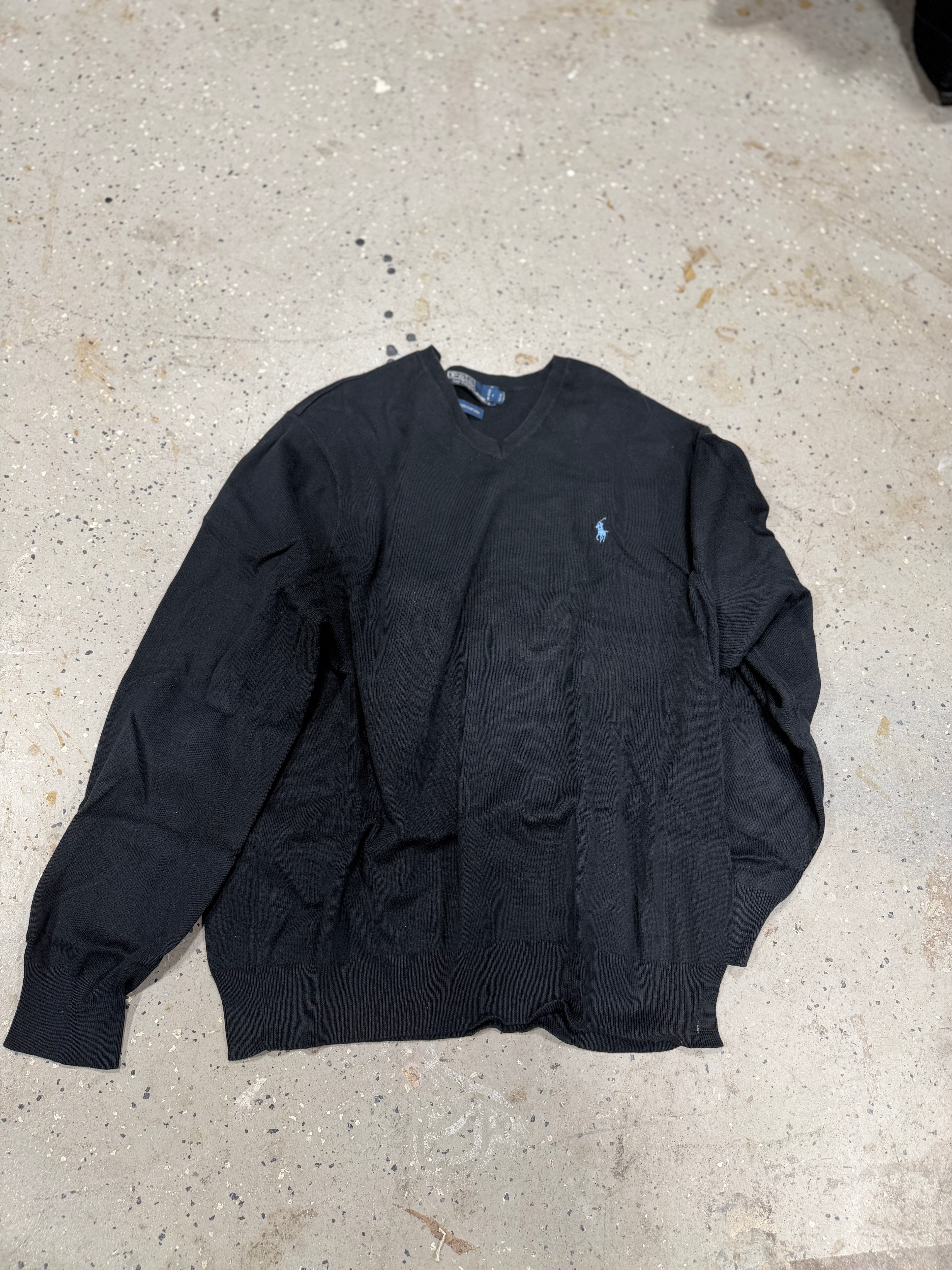 Polo Ralph Lauren Sweater Men Large All Merino Wool Black Pullover V Neck Adult