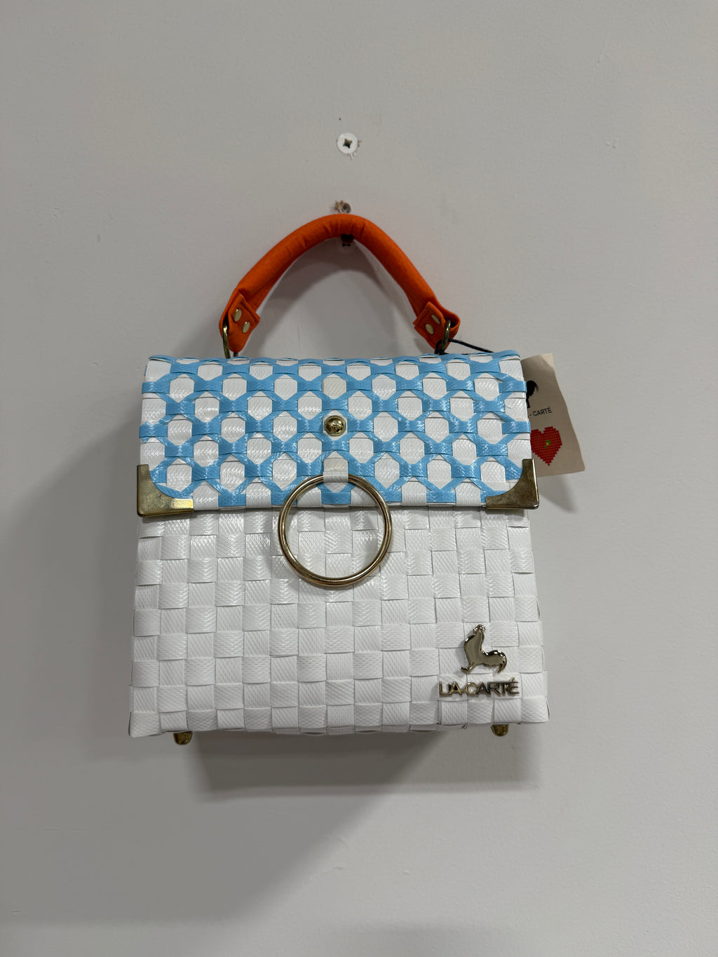 La Carte Blue white chekered bag