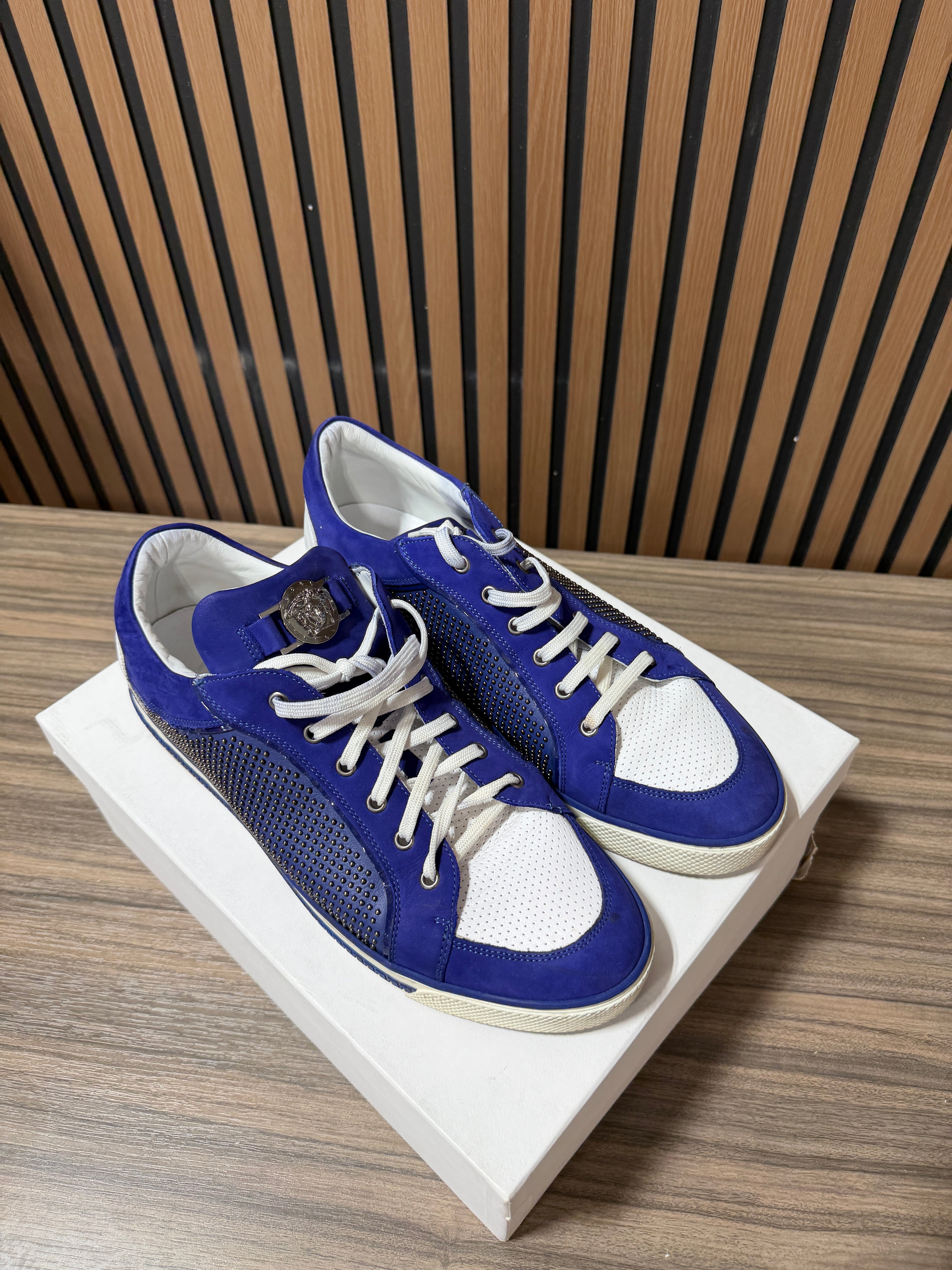 Versace Blue Suede Studded Medusa Low Top Sneakers Size 45