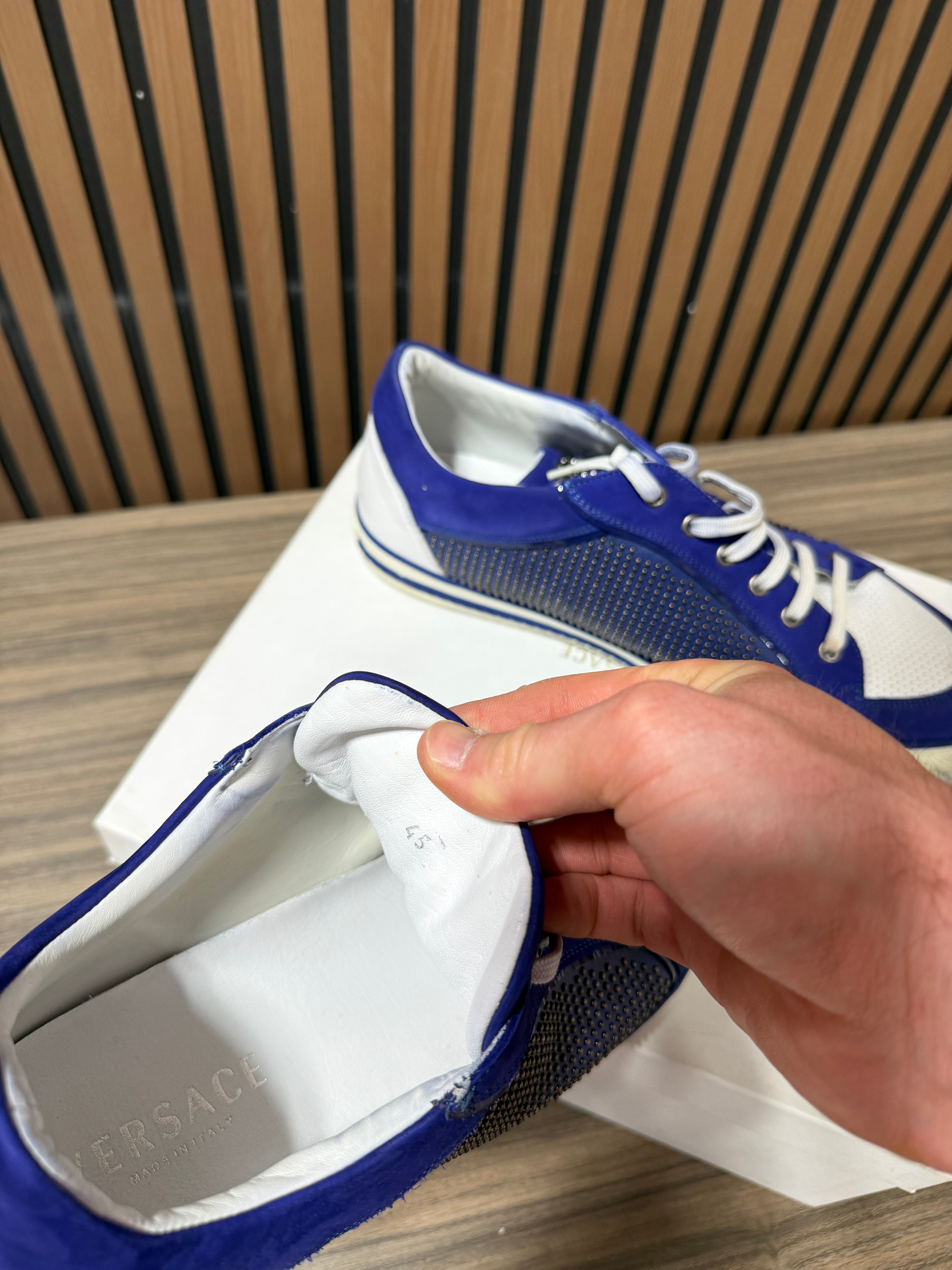 Versace Blue Suede Studded Medusa Low Top Sneakers Size 45