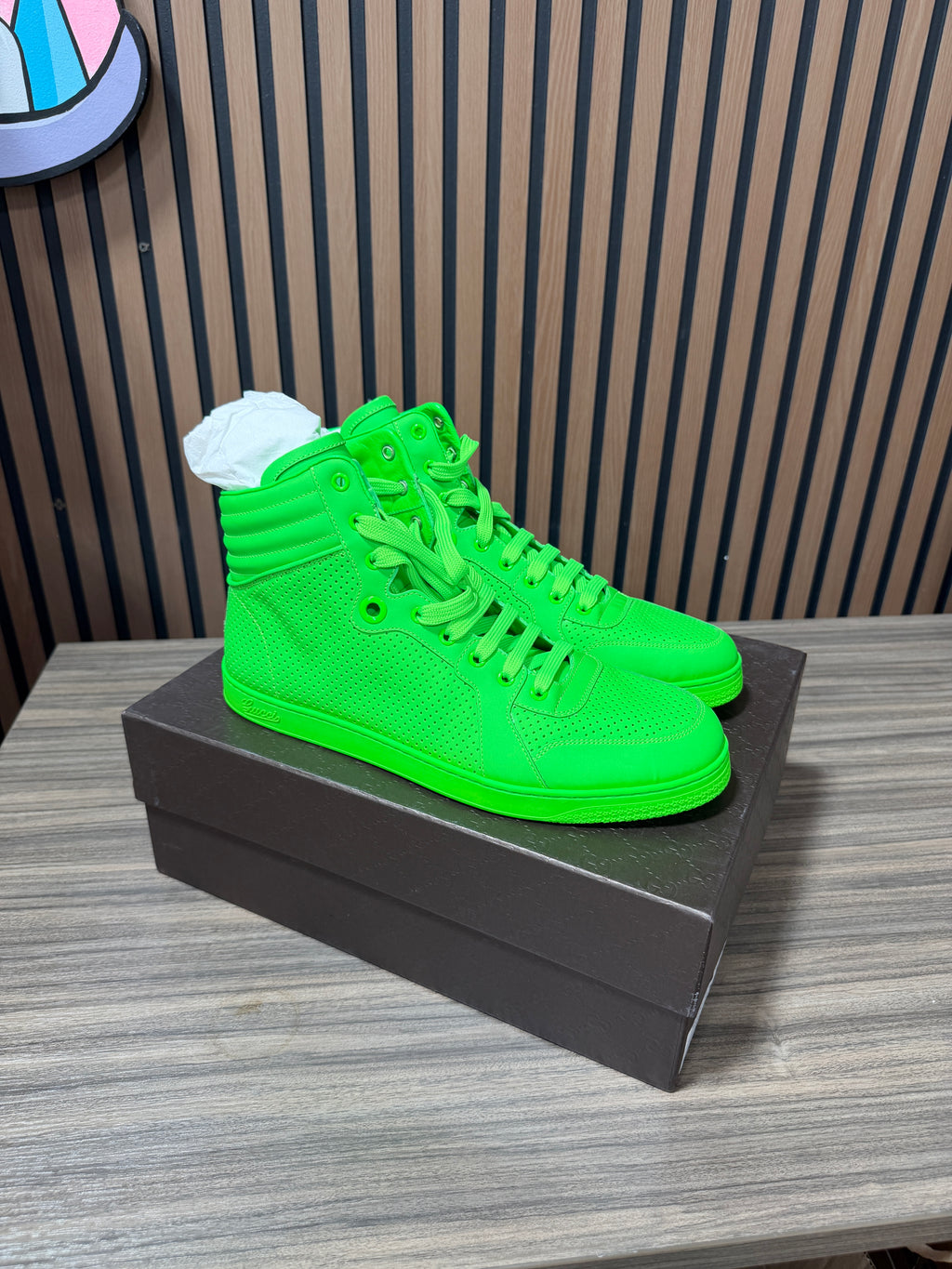 Gucci Neon Green Perforated Leather Coda High Top Sneakers Size 45