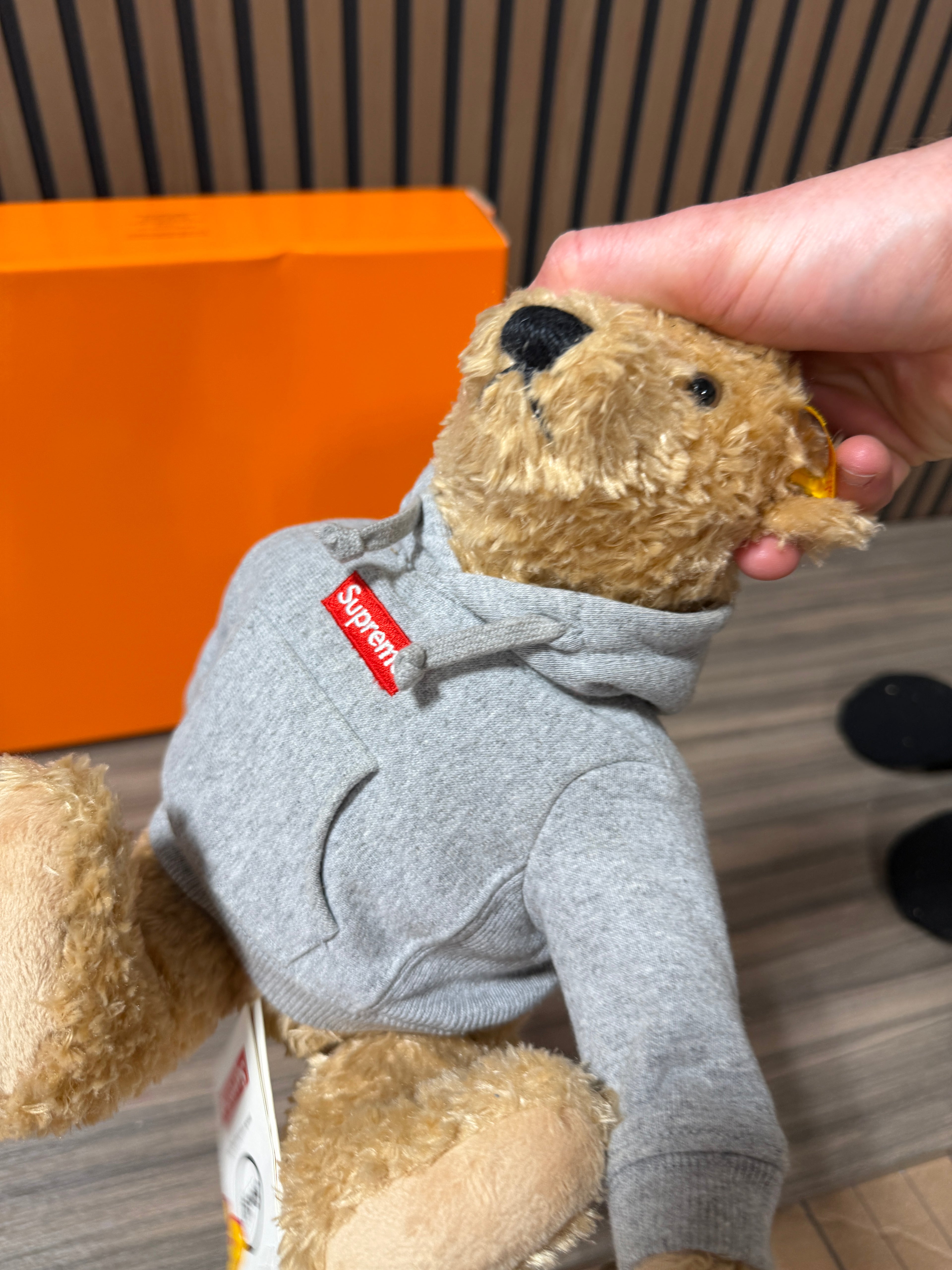 Supreme Steiff Bear Heather Grey Hoodie Box Logo Red FW18