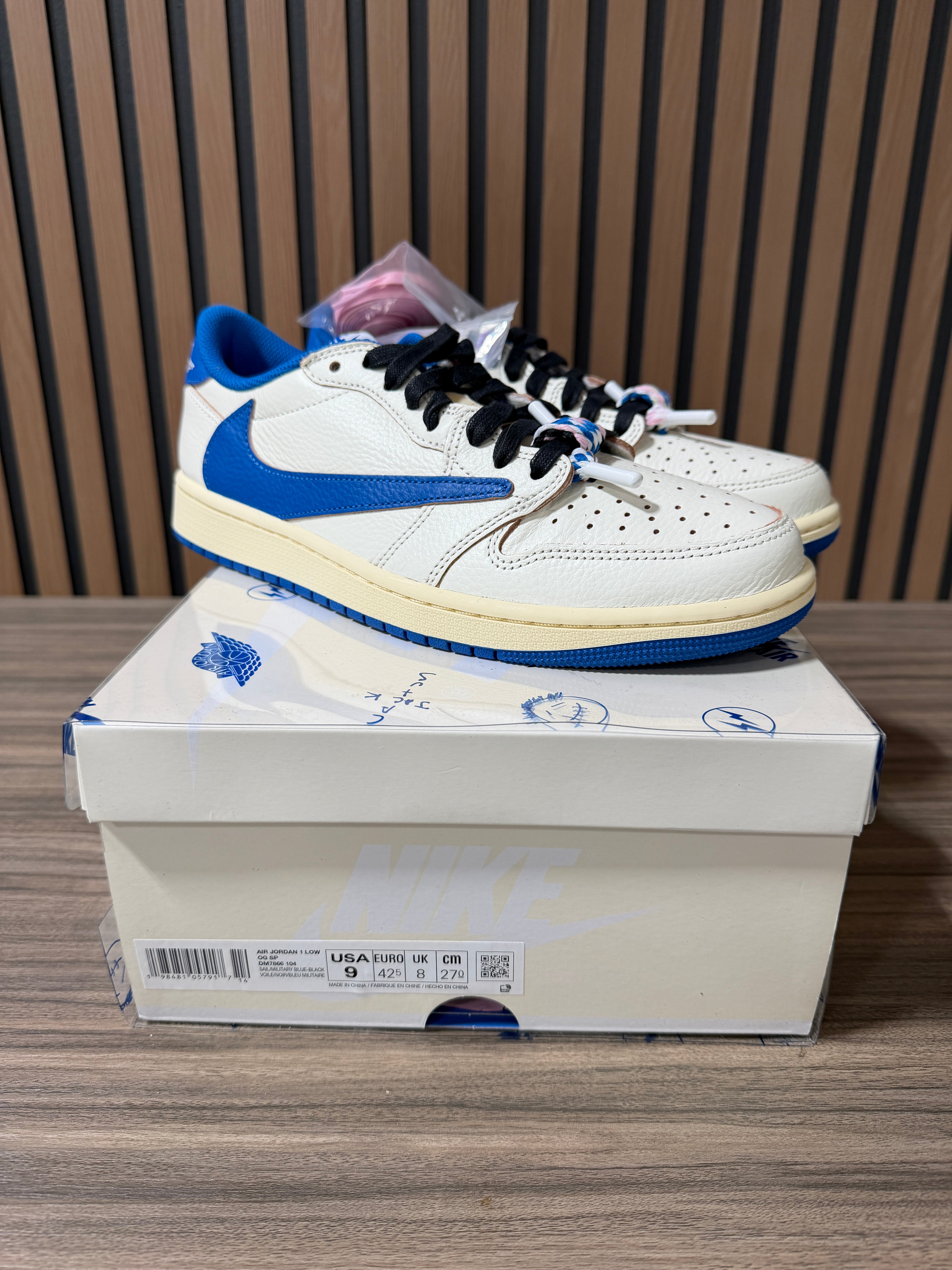 Fragment Design x Travis Scott x Air Jordan 1 Retro Low OG SP 'Sail Military Blue' Sz 9