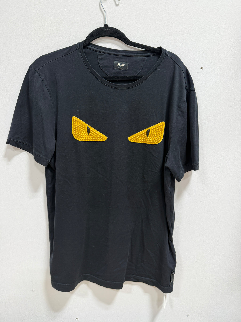 Fendi Black Textured Leather Monster Eye Jersey TShirt Fits XL