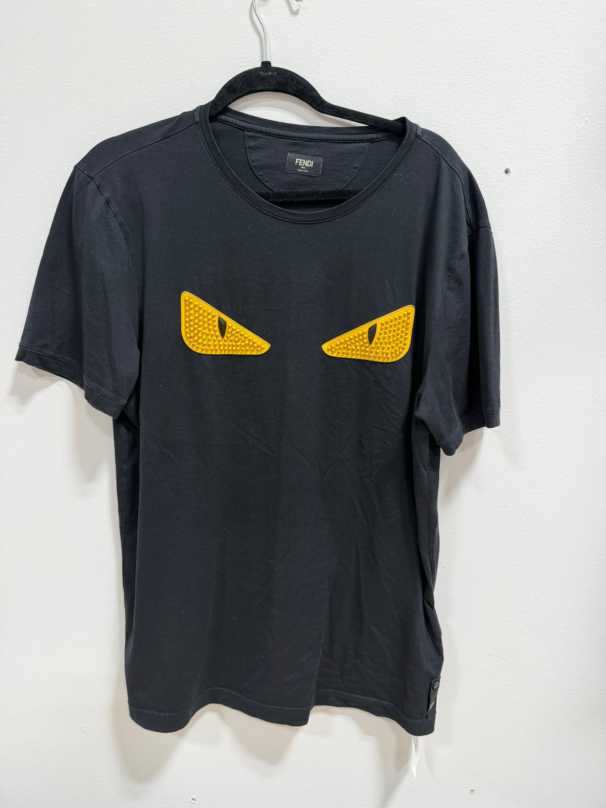 Fendi Black Textured Leather Monster Eye Jersey TShirt Fits XL