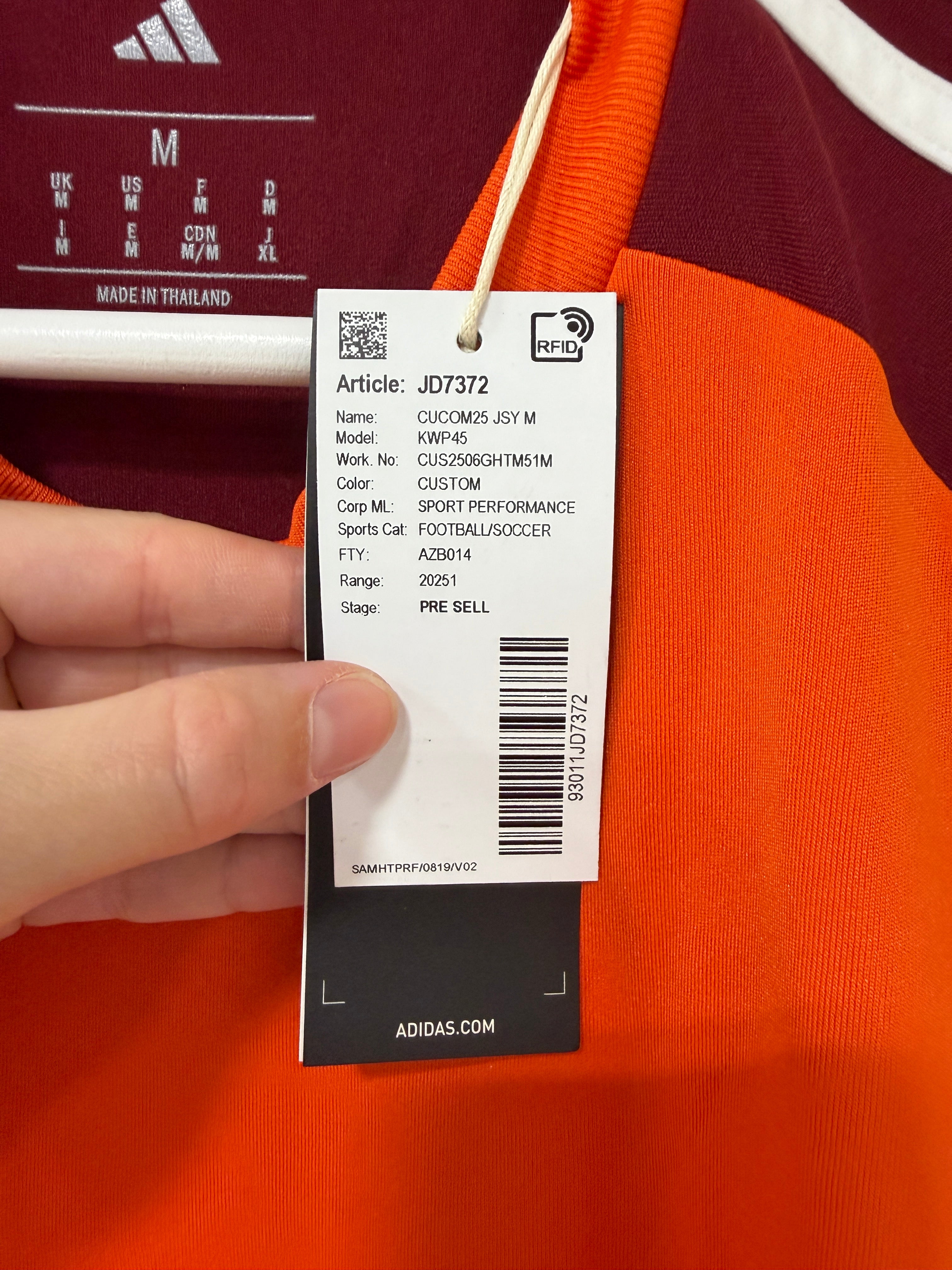Adidas 2025 Jersey Orange/Yellow Mens Size Medium