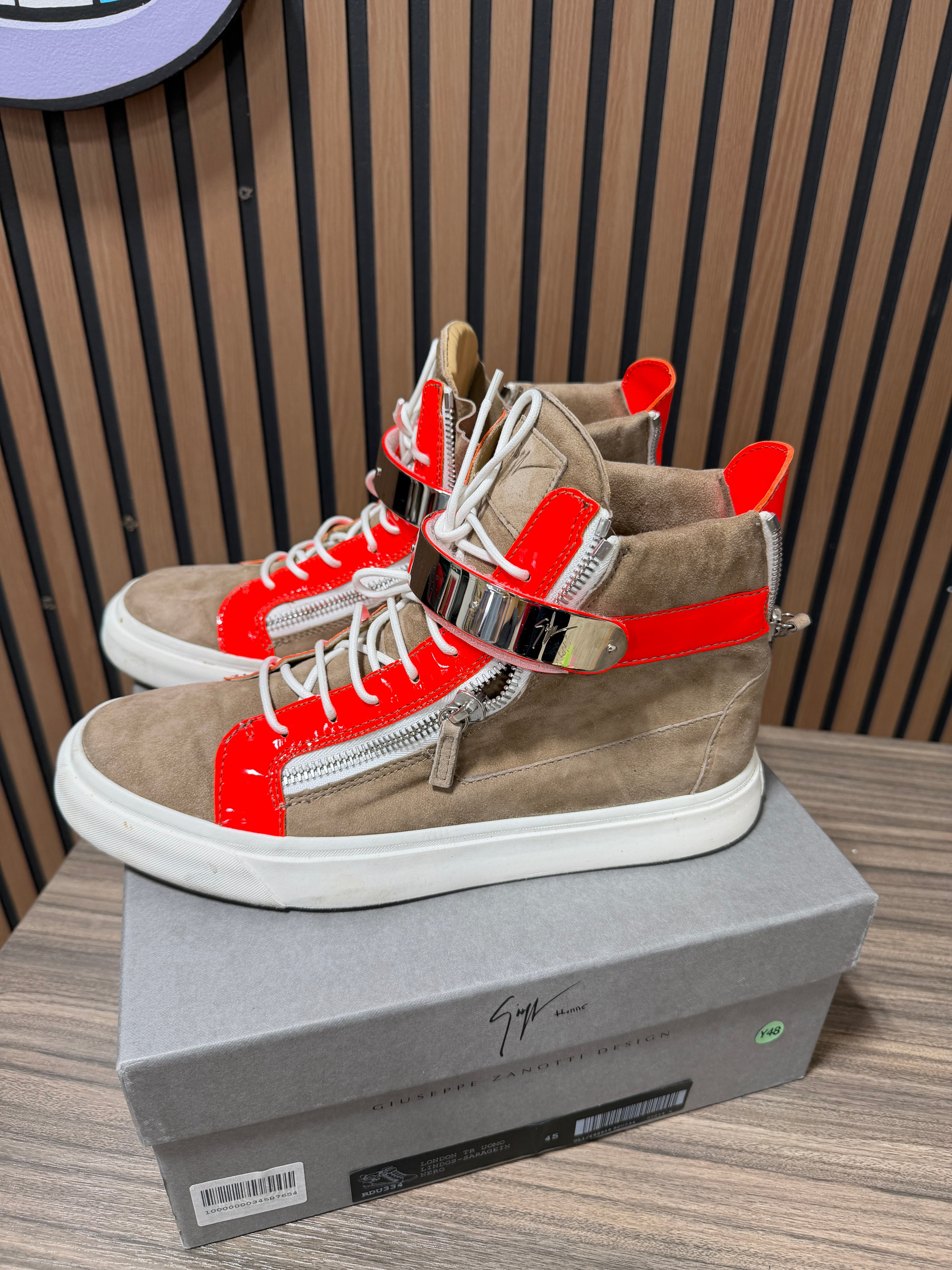 Giuseppe Zanotti London Uomo Camoscio Caffelatte Zip High Top Sneakers 45