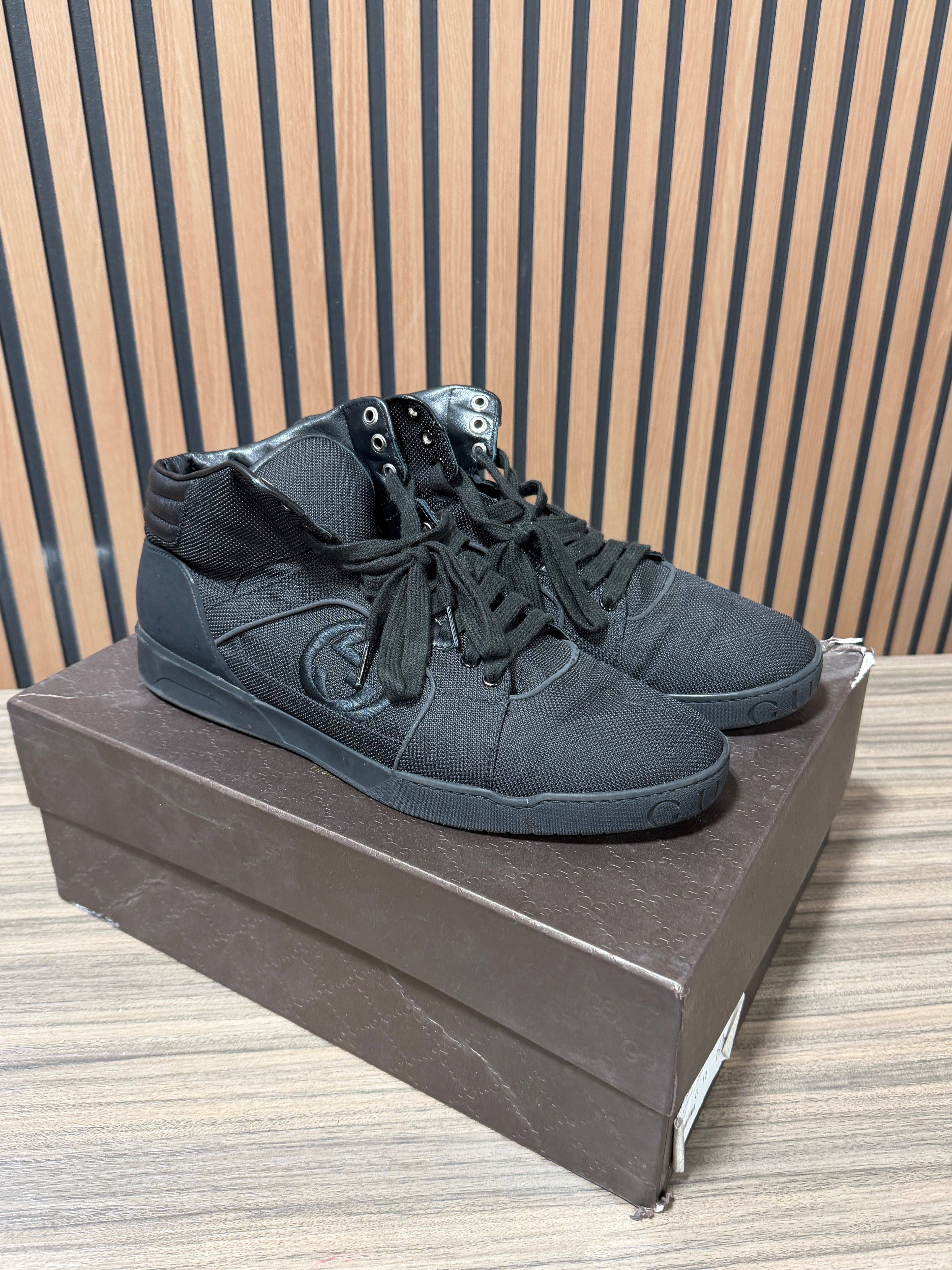 GUCCI Hi Top Black Nylon & Leather Sz 45