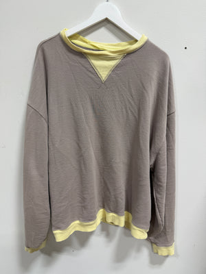 Free People We The Free Classic Crew Colorblock Sweatshirt Taupe Yellow Medium M