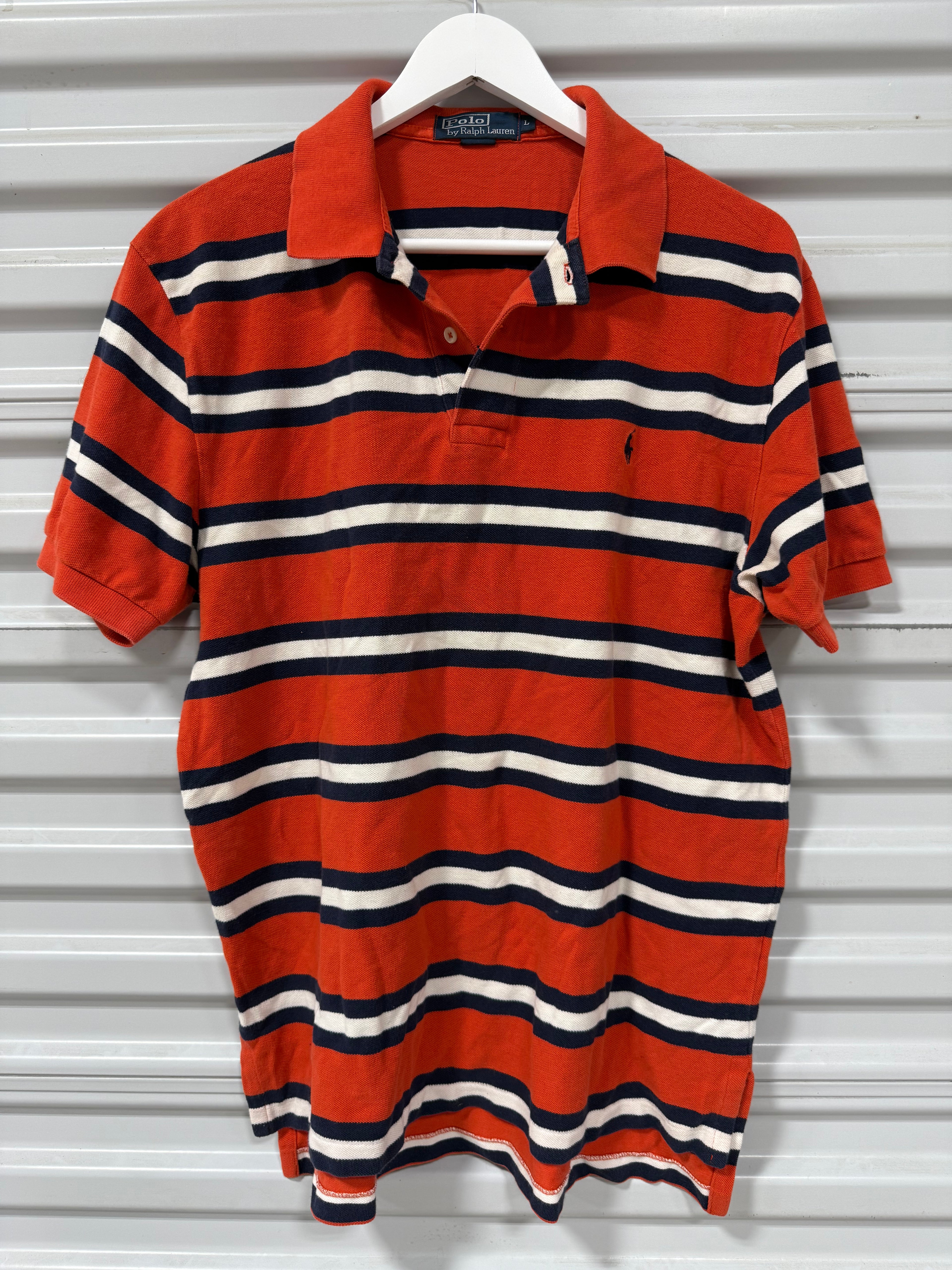 Polo Collard Shirt Orange/White Stripes Sz L