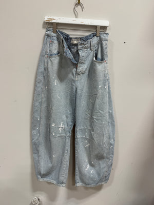 We The Free Free People Good Luck Mid-Rise Stripe Barrel Jeans Painted Blue Size 29