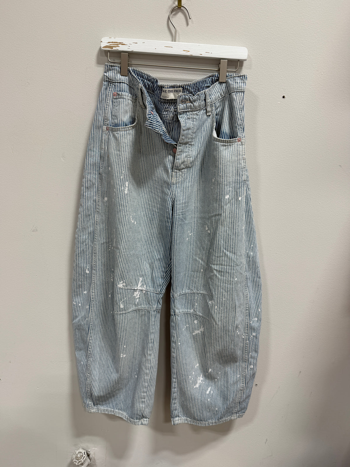 We The Free Free People Good Luck Mid-Rise Stripe Barrel Jeans Painted Blue Size 29