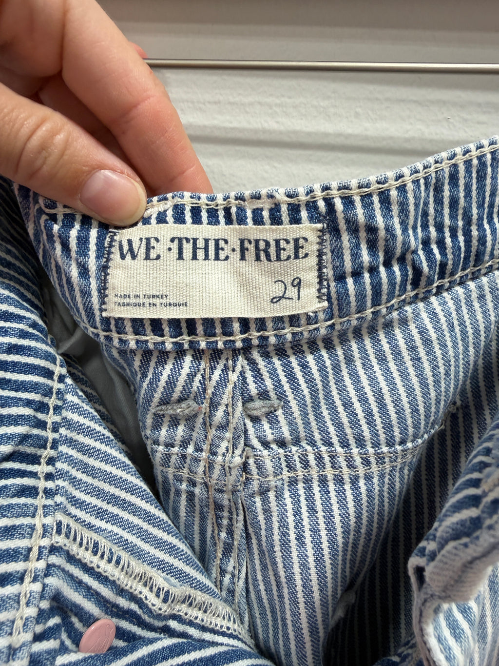 We The Free Free People Good Luck Mid-Rise Stripe Barrel Jeans Painted Blue Size 29