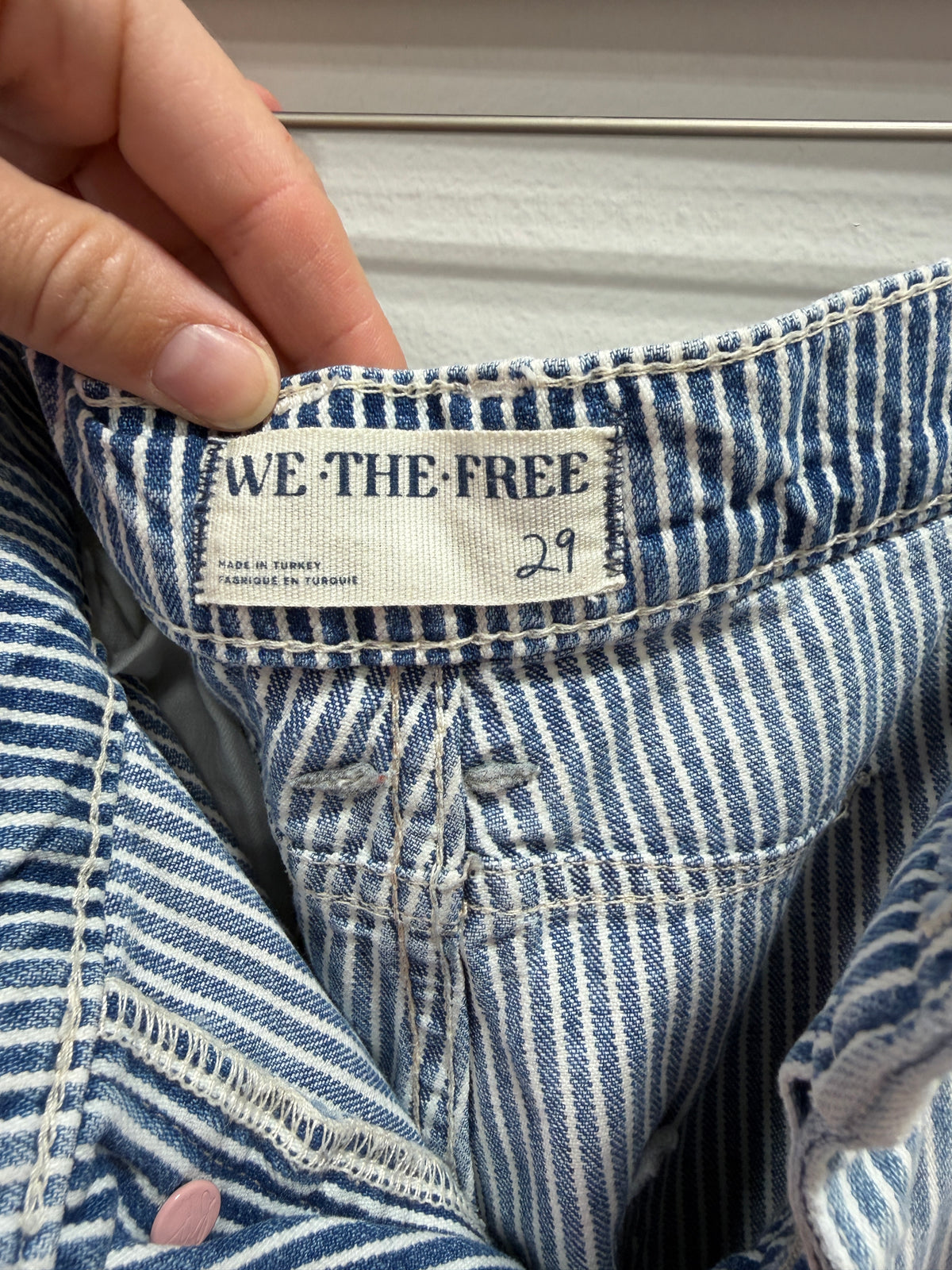 We The Free Free People Good Luck Mid-Rise Stripe Barrel Jeans Painted Blue Size 29
