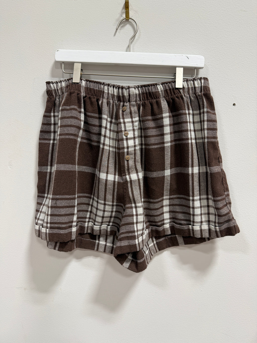 Intimately Free People Sunday Morning Plaid Flannel Boxer Pajama Shorts Brown sz L