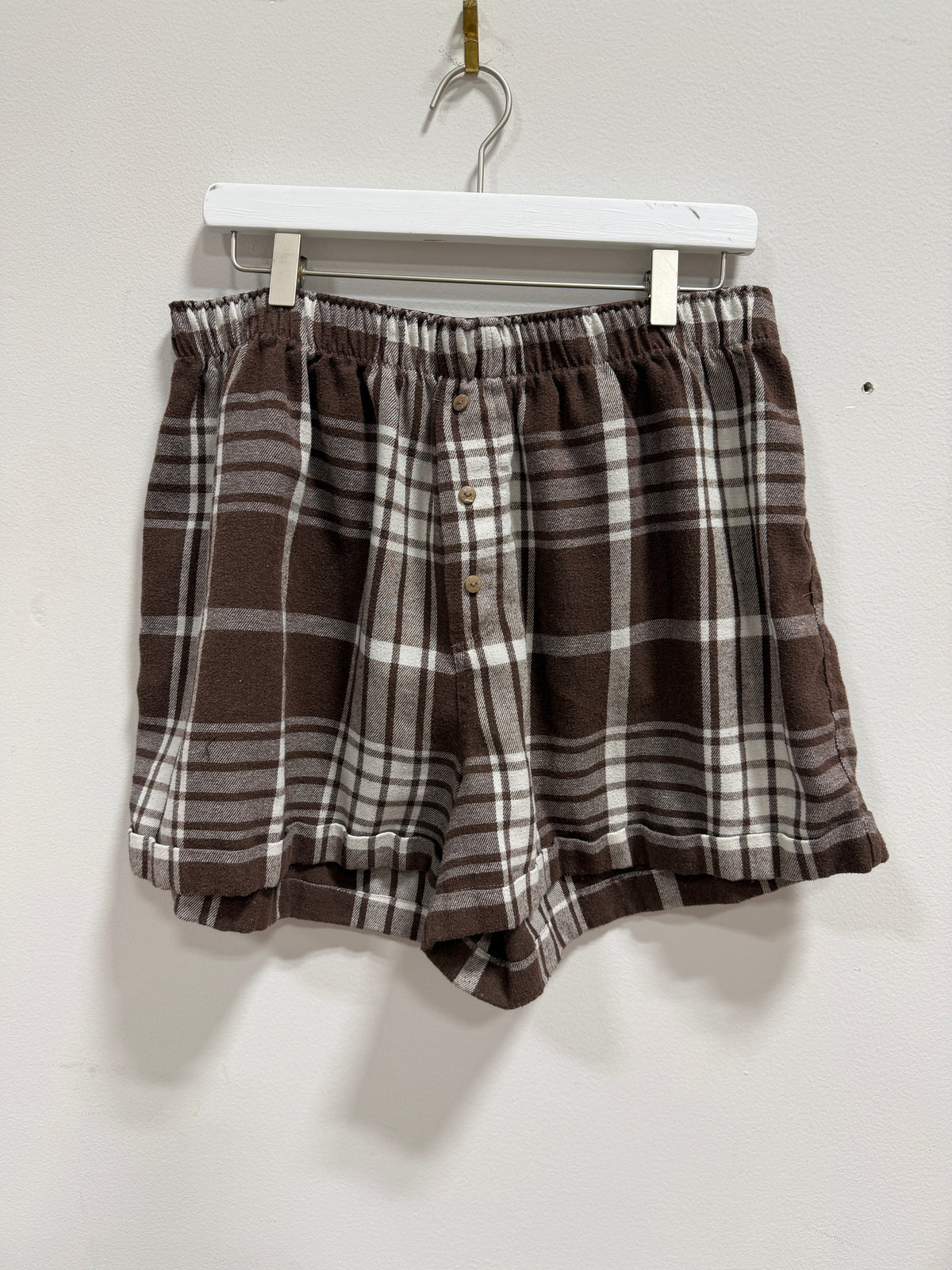 Intimately Free People Sunday Morning Plaid Flannel Boxer Pajama Shorts Brown sz L